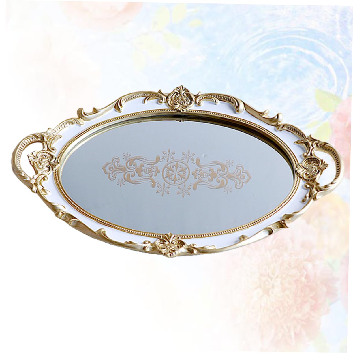 MAGICLULU Vassoio Ovale Portaoggetti in Resina Vassoio Porta Accessori Superficie Specchio Porta Gioielli Elegante per Casa Stampa Floreale Bianca