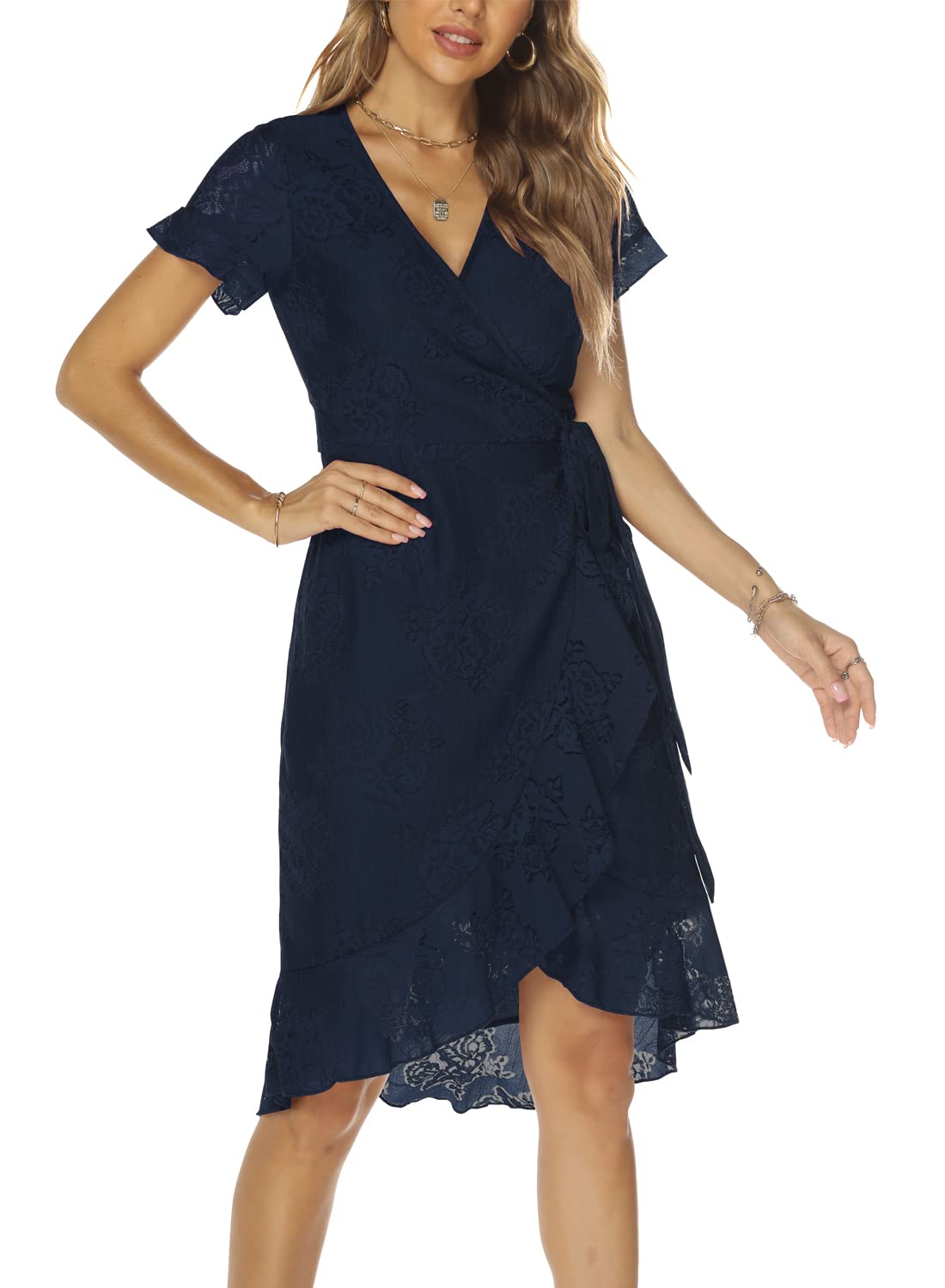 Women's Classic Floral Lace V Neck Wrap Dress Wedding Guest Ruffle Hem Split High Low Midi Cocktail Dresses 942