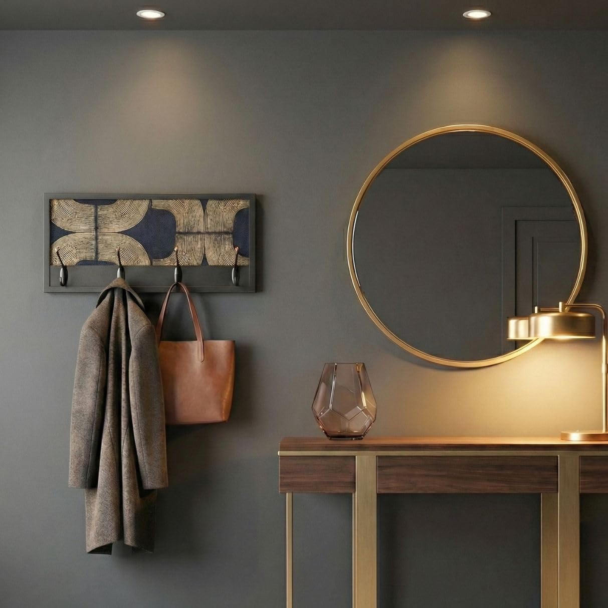 Perchero Pared Madera 52x25cm Mid-century Negro 4 Ganchos | Hecho en España. 4 ganchos dobles (8 colgadores) para ropa y abrigos. Ideal para entrada, salón u oficina.