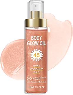 Body Glow Oil, Sunscreen Shimmer Oil, SPF 45 Broad Spectrum, Body Oil with with Coconut Oils, Moisturizing Glow for Face & Body, Liquid Illuminator Highlighter, Water Resistant, 3.72 fl oz (#02 ROSE)