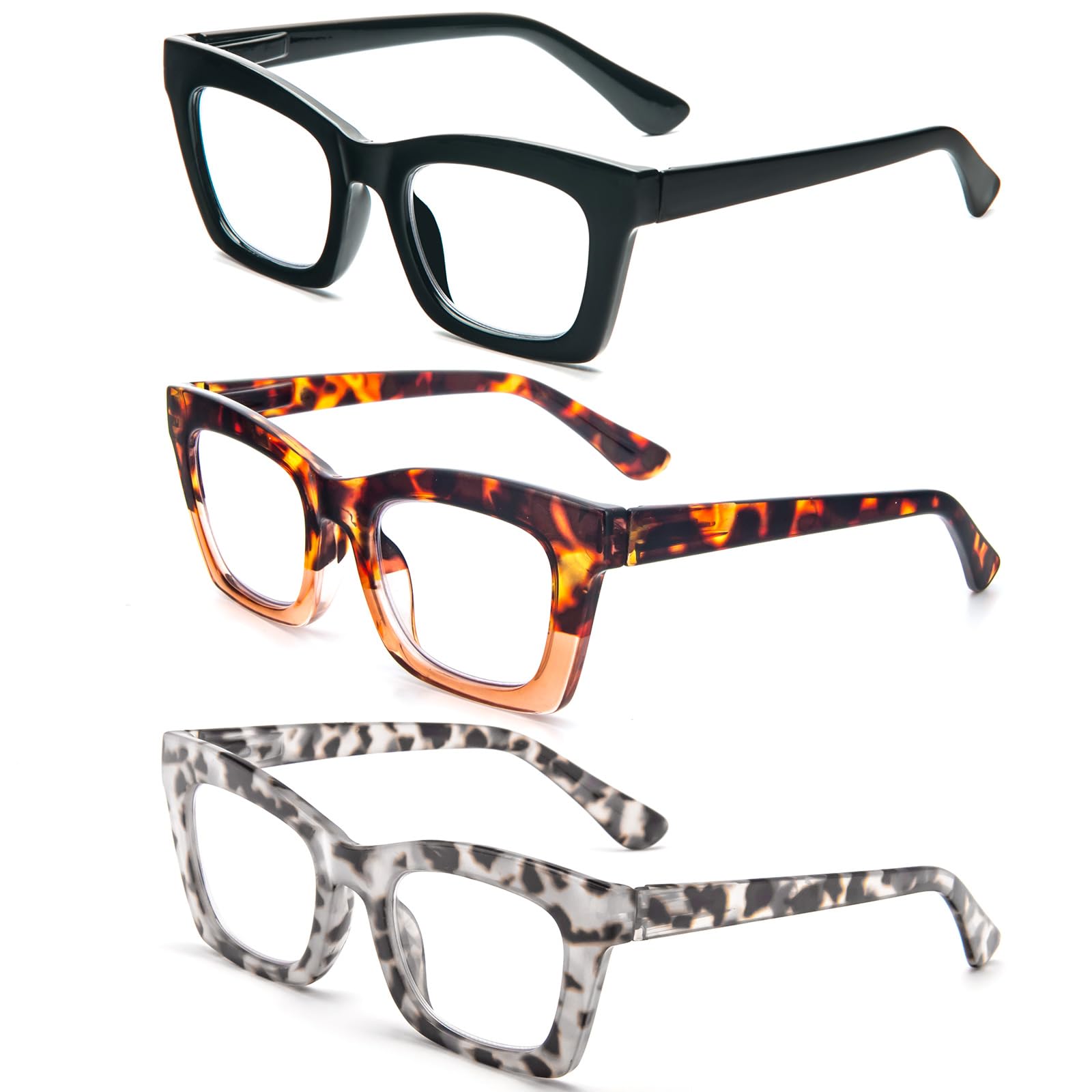 MMOWW 3 Pack Oversized Reading Glasses for Women Square Frame Fashion Style Readers Blue Light Blocking Reading Glasses (Black+Tortoiseshell Tea+Grey Tortoiseshell - Image 2