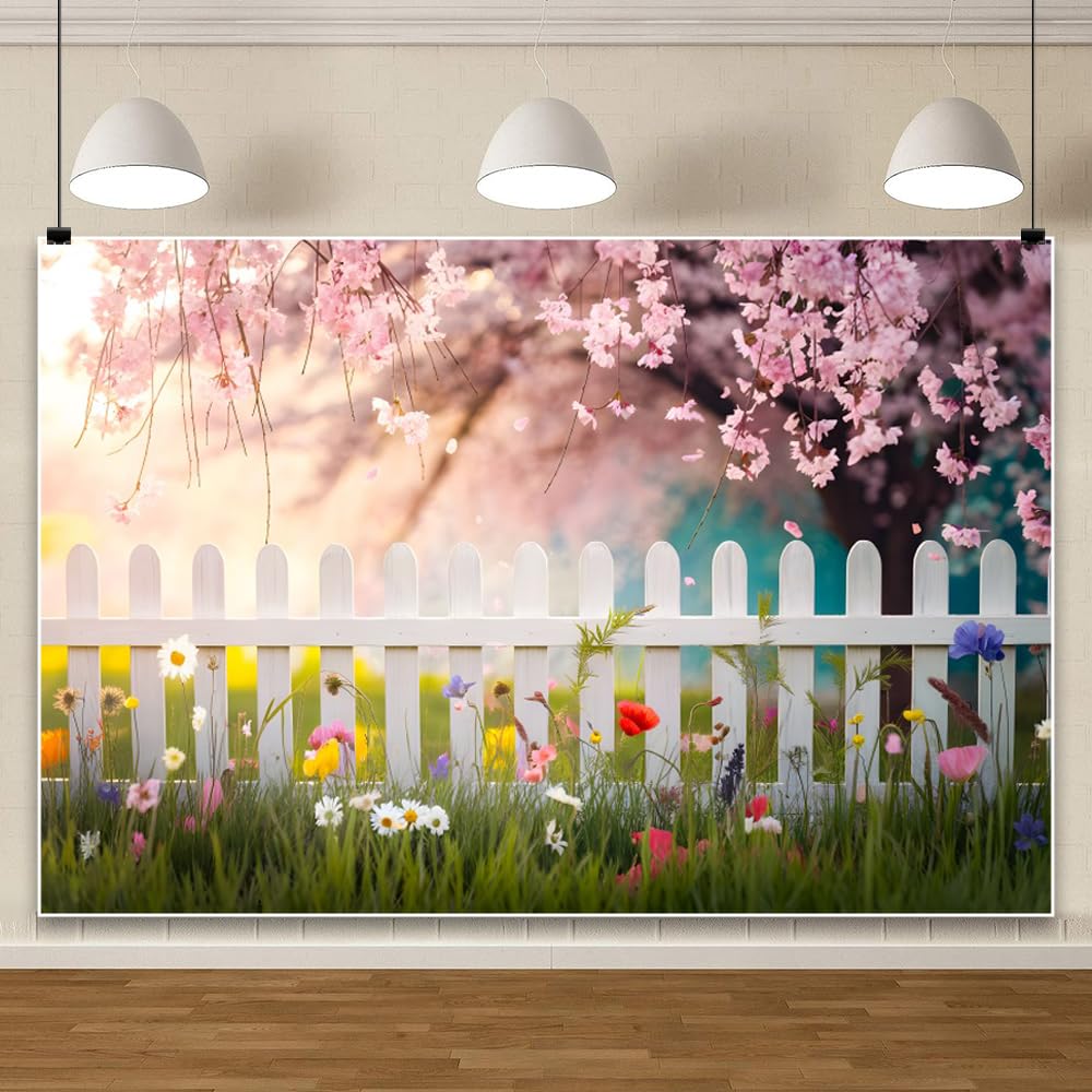 3,6 x 3 m wiosenne tło ogrodowe, kolorowe polne kwiaty, różowy kwiat wiśni, drzewo, białe ogrodzenie, tło fotograficzne dla dziewczynki, dzieci, dekoracja ślubna, rekwizyty do strzelania dla