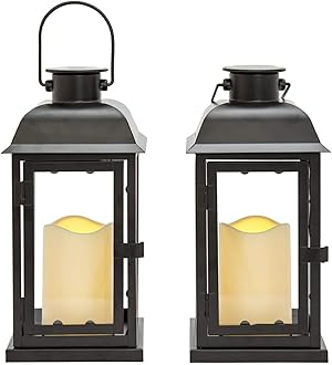 LampLust Outdoor Solar Powered Lantern with Flameless LED Pillar Candle, 11 Inch Tall, Set of 2, Waterproof, Black Metal, Hanging Decorative Candle Lamp for Porch, Floor or Patio Home Decor