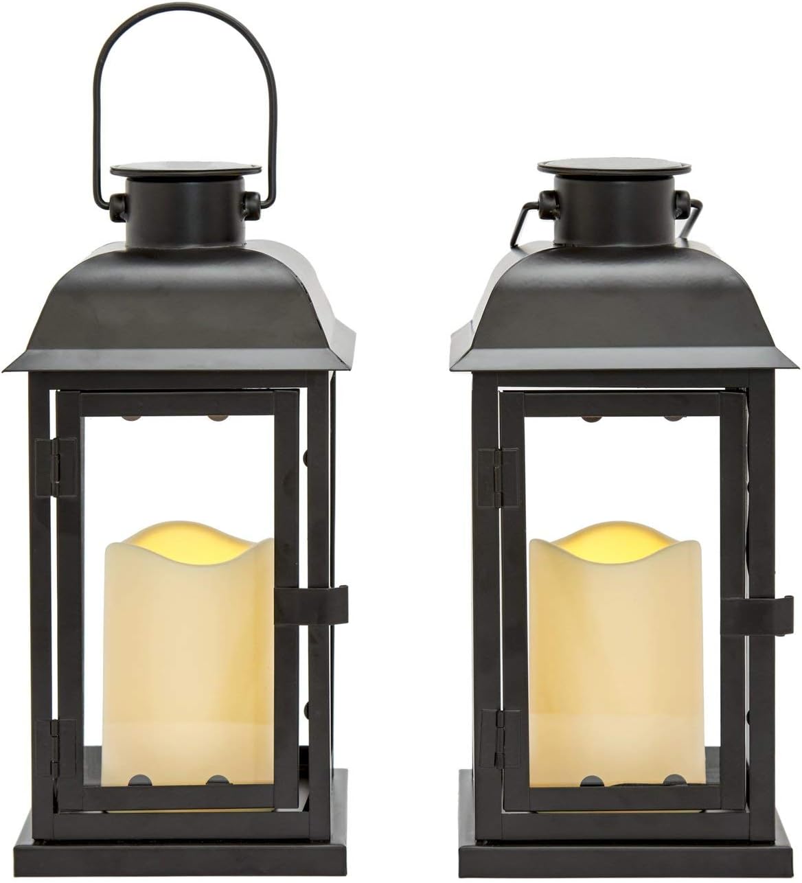 LampLust Outdoor Solar Powered Lantern with Flameless LED Pillar Candle, 11 Inch Tall, Set of 2, Waterproof, Black Metal, Hanging Decorative Candle Lamp for Porch, Floor or Patio Home Decor