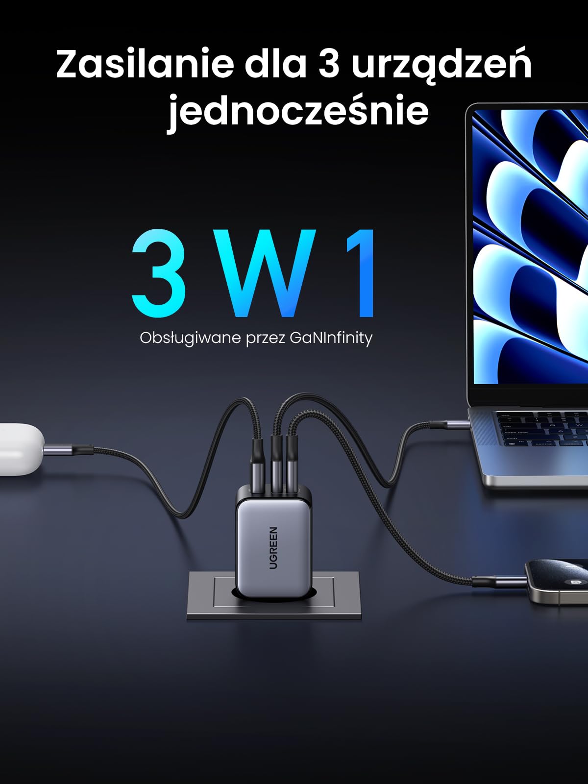 UGREEN Nexode Miniładowarka USB-C 65 W z 3 portami, szybka ładowarka | Zasilacz GaN, ładowarka przenośna, kompatybilna z MacBookiem Air M5, Neo, iPhone'em serii 17-8, Galaxy S-A