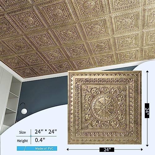 Image of Art3d Drop Ceiling Tiles, Glue up Ceiling Tiles, 2'x2' Plastic Sheet in Antique Gold (12-Pack, 48 Sq.ft)