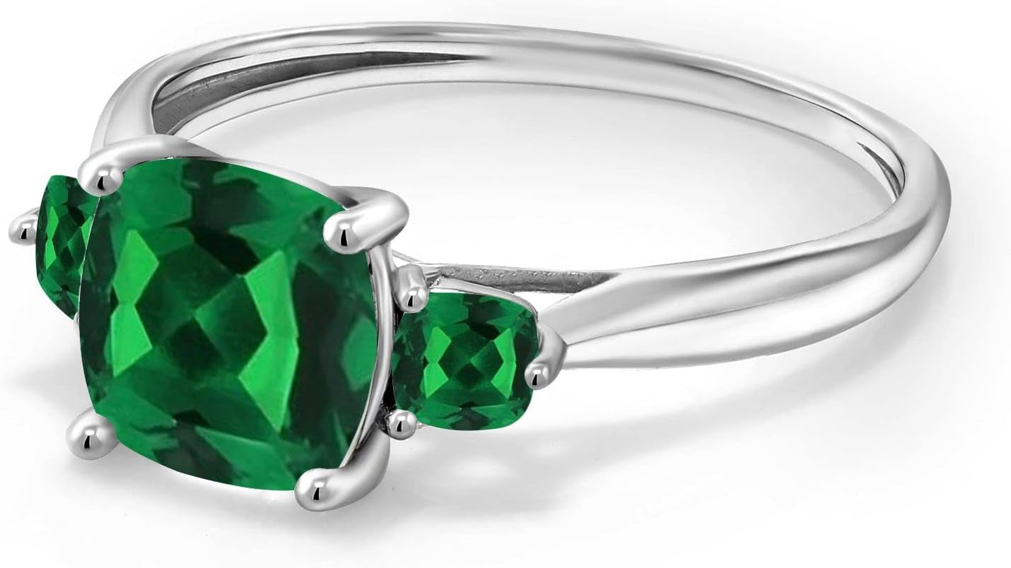 Gem Stone King 10K White Gold Green Nano Emerald 3 Stone Engagement Ring For Women (0.99 Cttw, Cushion 7MM, Gemstone May Birthstone)