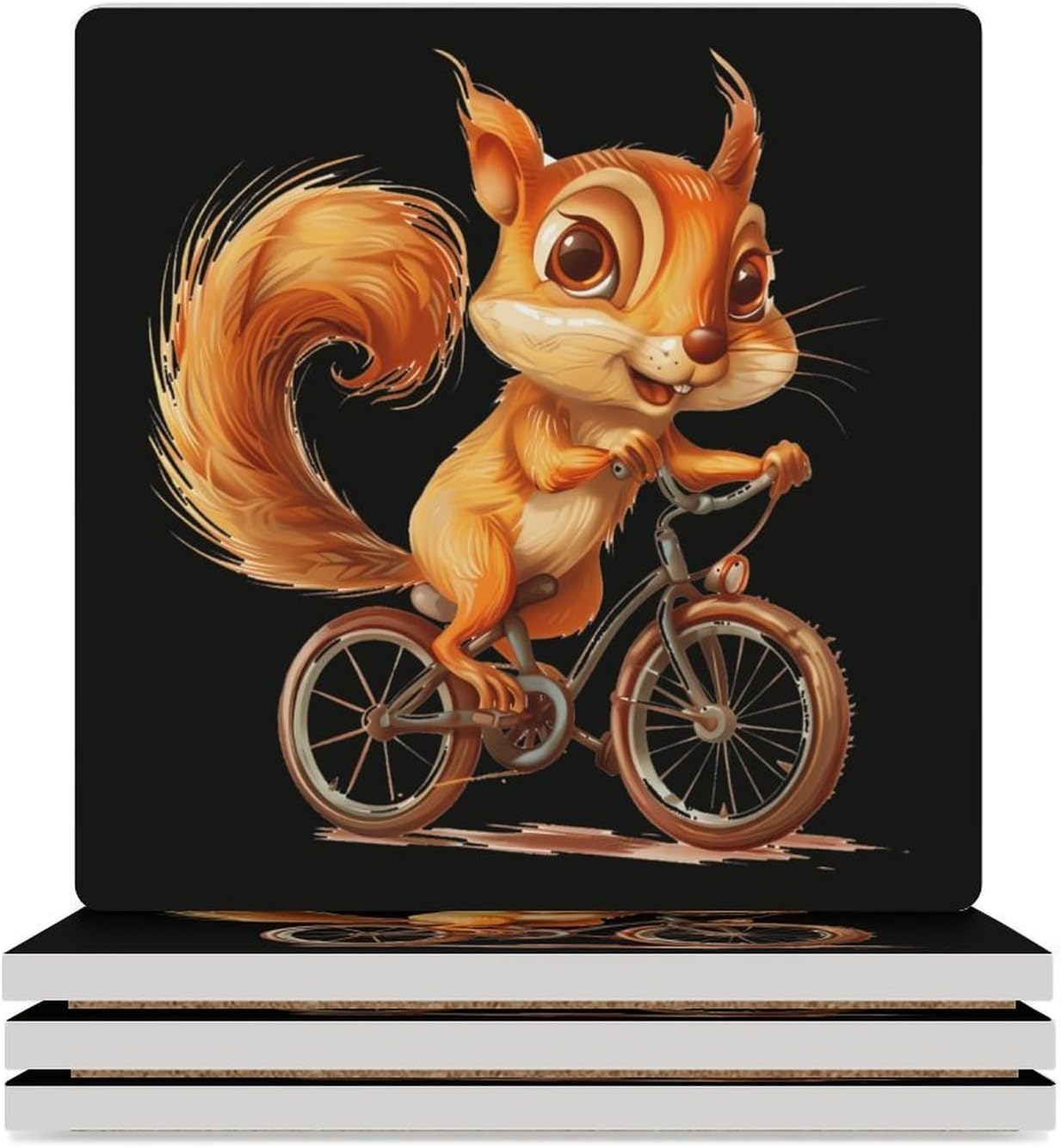 Squirrel Riding Bicycle Coaster for Drinks Square Ceramic Table Coasters Stone Mat Crafts 4PCS Home Kitchen Decor