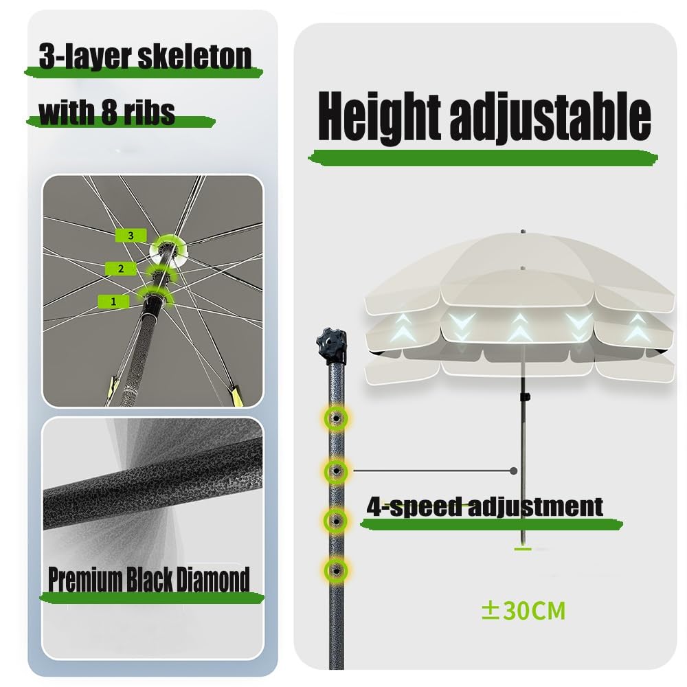 Sombrilla De Playa 200cm 240cm Parasol Exterior Patio Sombrilla De Terraza Inclinable Ajustable Protección UV50+ Sombrilla Playa Antiviento Plegable, Fácil De Plegar E Instalar(Beige,2m/6.5