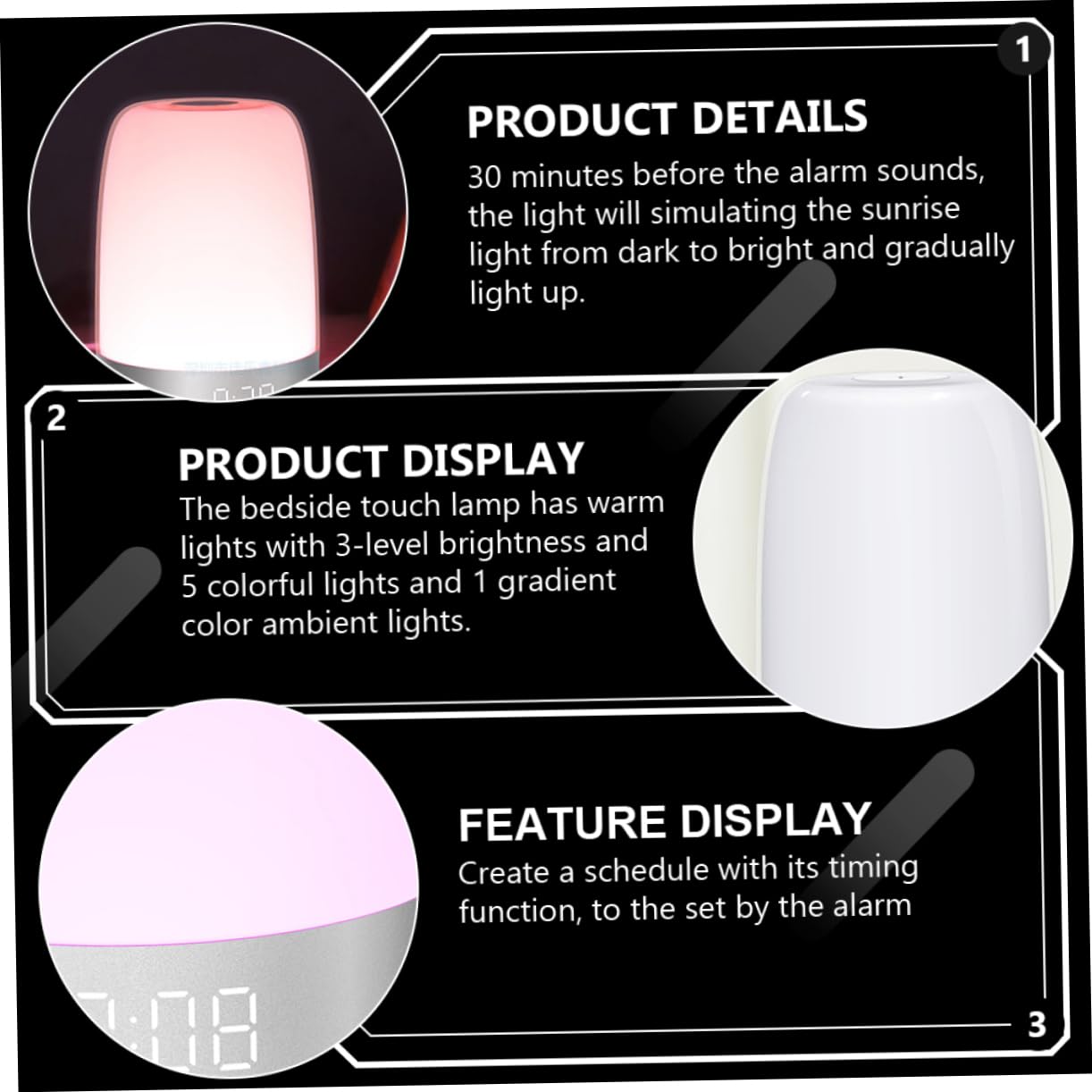 PRETYZOOM Réveil Lampe de Chevet LED Tactile Blanc Minuterie