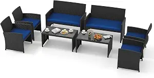 Tangkula 8 Piece Patio Wicker Furniture Set, Outdoor Heavy Duty Rattan Cushioned Chairs, Loveseat and Tempered Glass Coffee Table
