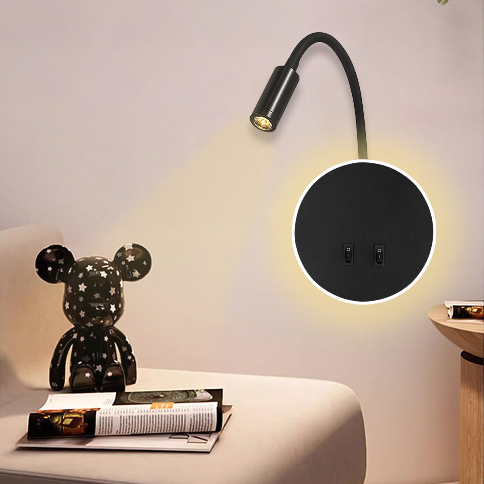 LED Lampada da parete Comodino Lampada da parete da lettura 12W LED Lampade da parete Faretto regolabile 3W + 9W 3000K Luce calda (forma rotonda nera)