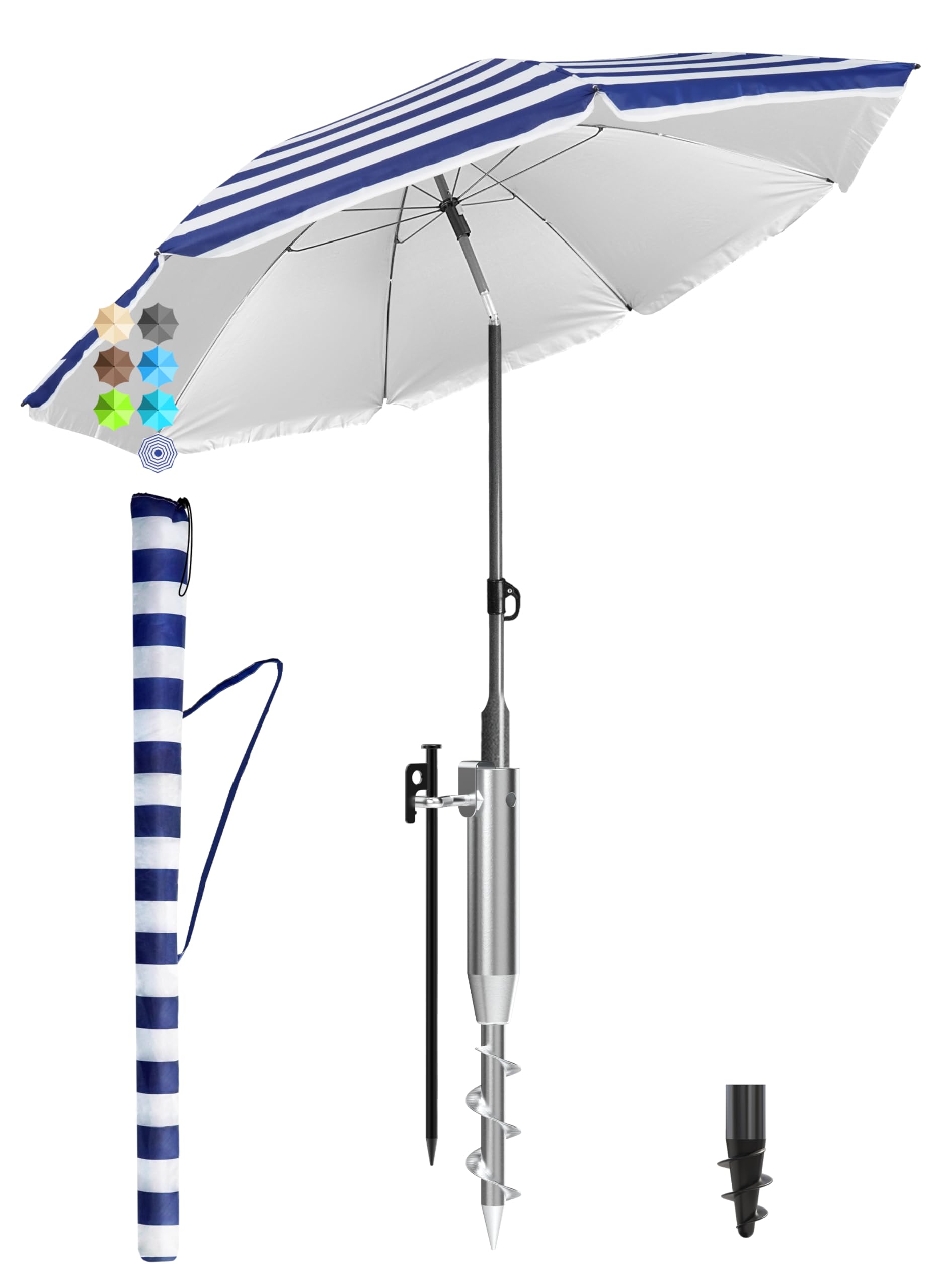 Menz Sonnenschirm Strand als Sonnenschutz Strand 3-IN-1 SET - UPF 50+ Strandschirm 180 cm + stabile Sonnenschirm Bodenhülse + robuste Sonnenschirmhülle
