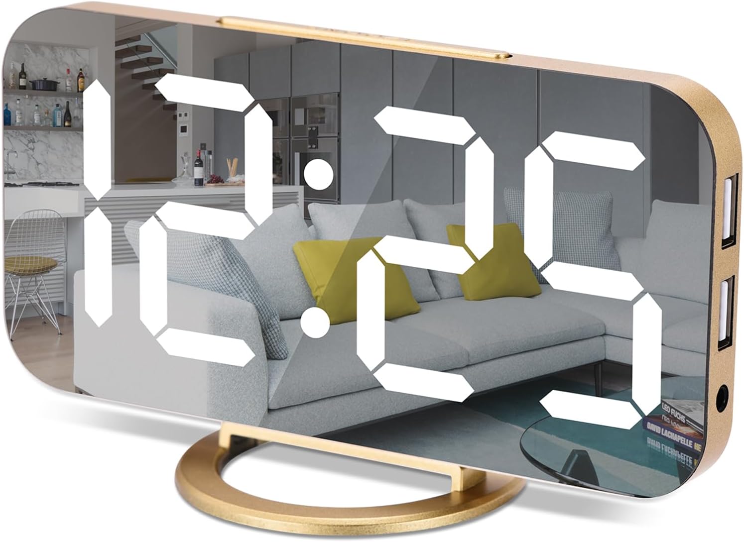 Poeroa Digital Alarm Clock,7 in LED Mirrored Clocks Large Display,with 2 USB Charger Ports,Auto Dim,Night Mode,Modern Desktop Electronic Clocks for Bedroom Home Office Decor - Gold