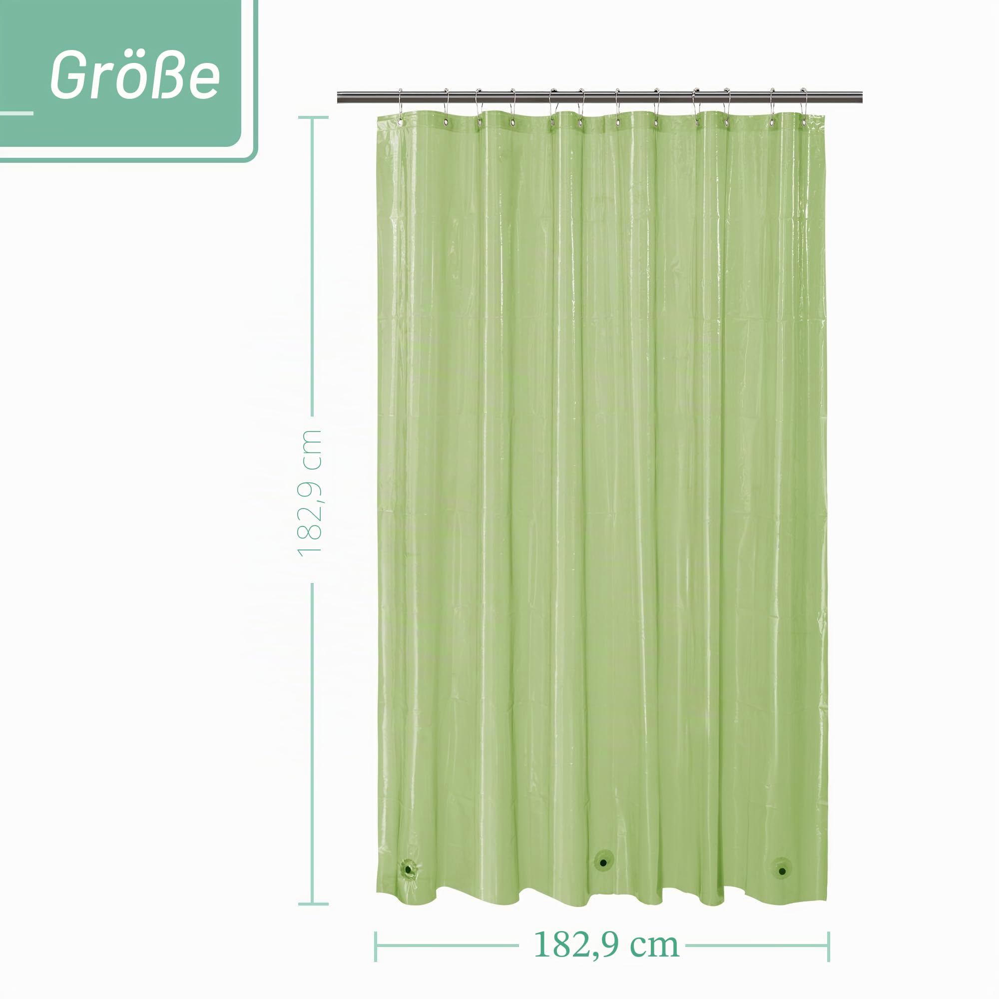 Mrs Awesome Transparenter grüner Duschvorhang mit 3 Magneten, 182,9 x 182,9 cm, hochwertiger, Flexibler Stabiler Kunststoff-Duschvorhang für Badezimmer, wasserdicht, Grün transparent