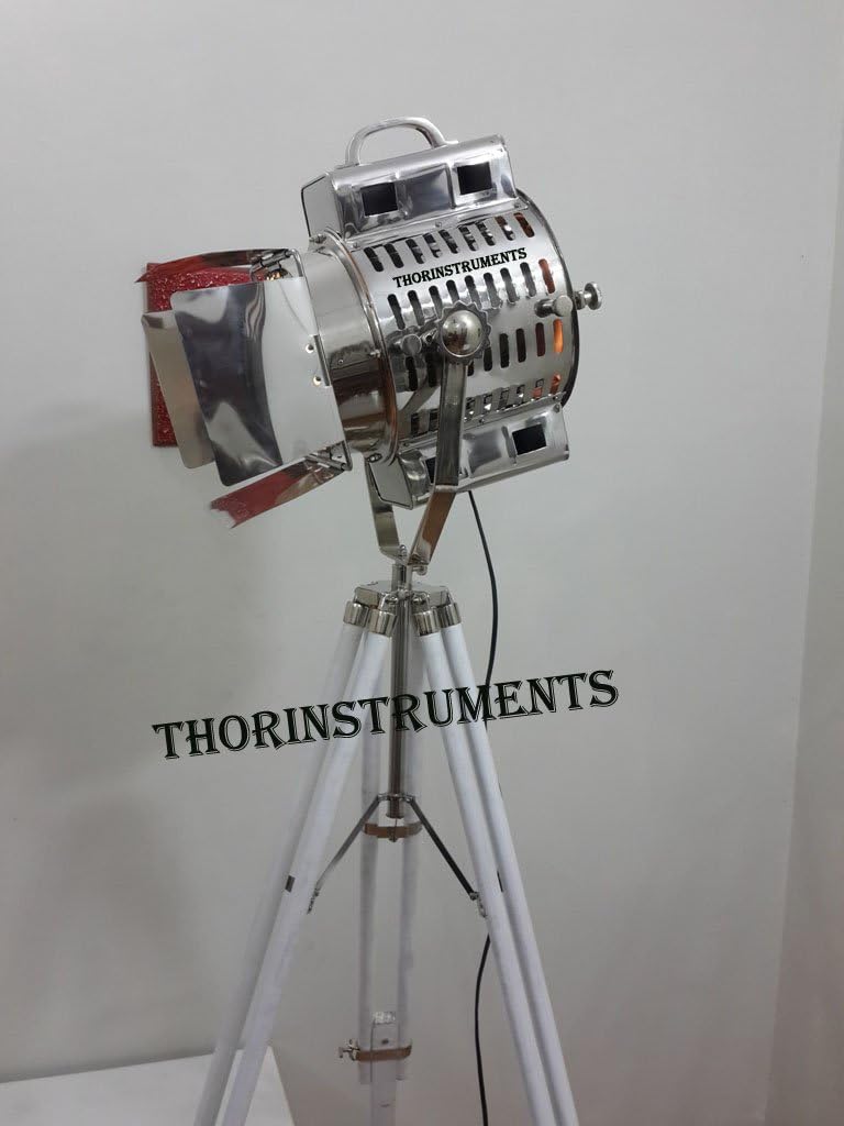 THOR INSTRUMENTS Hollywood Replica Chrome Spot Light Lam,p with White Tripod Stand Rustic Vintage Home Decor Gifts