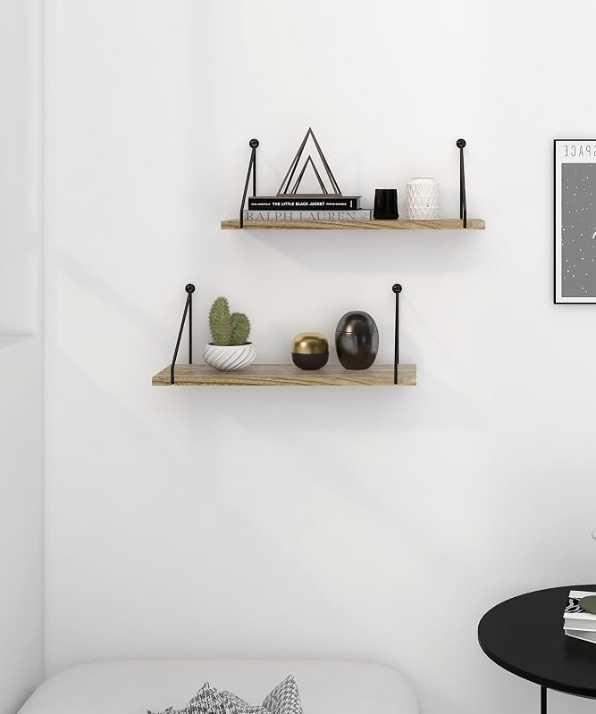 Afuly Rusztikus Fali Polc Szett - Natúr Fa és Fekete Fém Kombinációja - 2 db Könnyű Polc Fürdőszobába, Nappaliba, Konyhába - 40x15,5 cm