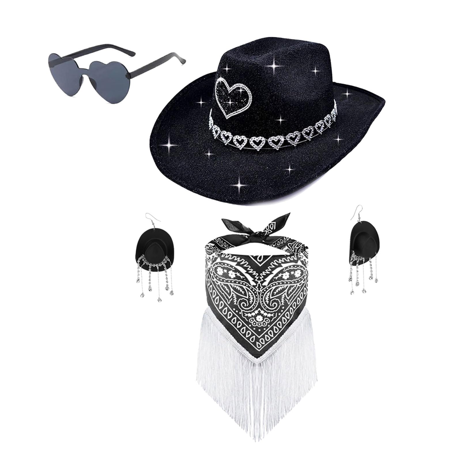 Elnwnnkc Black Multipurpose Festival Glasses Scarf Set Featuring Heart Detail For Quick Costume Changes Hat Earrings Handkerchief Glasses Set
