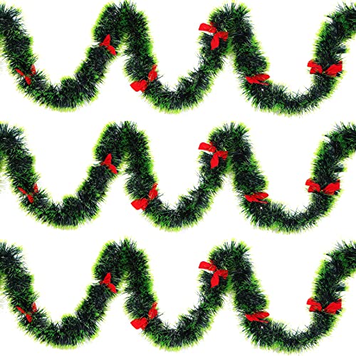 3Pcs X 8.2Ft (Total:24.6Ft) Christmas Tinsel Garlands With 24 Pcs Red Bows For Indoor And Outdoor Holiday Mardi Gras Xmas And Other Festivities Party Supply (Green) #TOP3