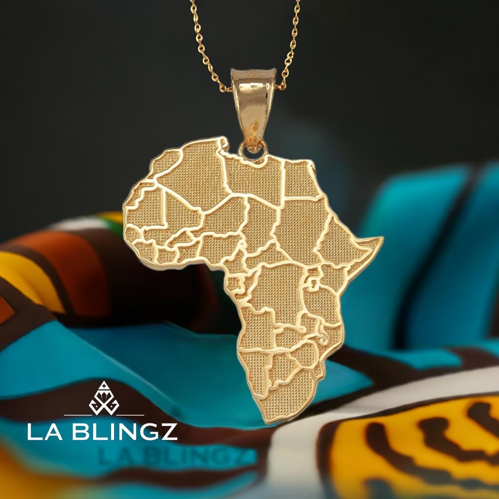 LA BLINGZ 14K Yellow Gold Africa Country Map Pendant Necklace