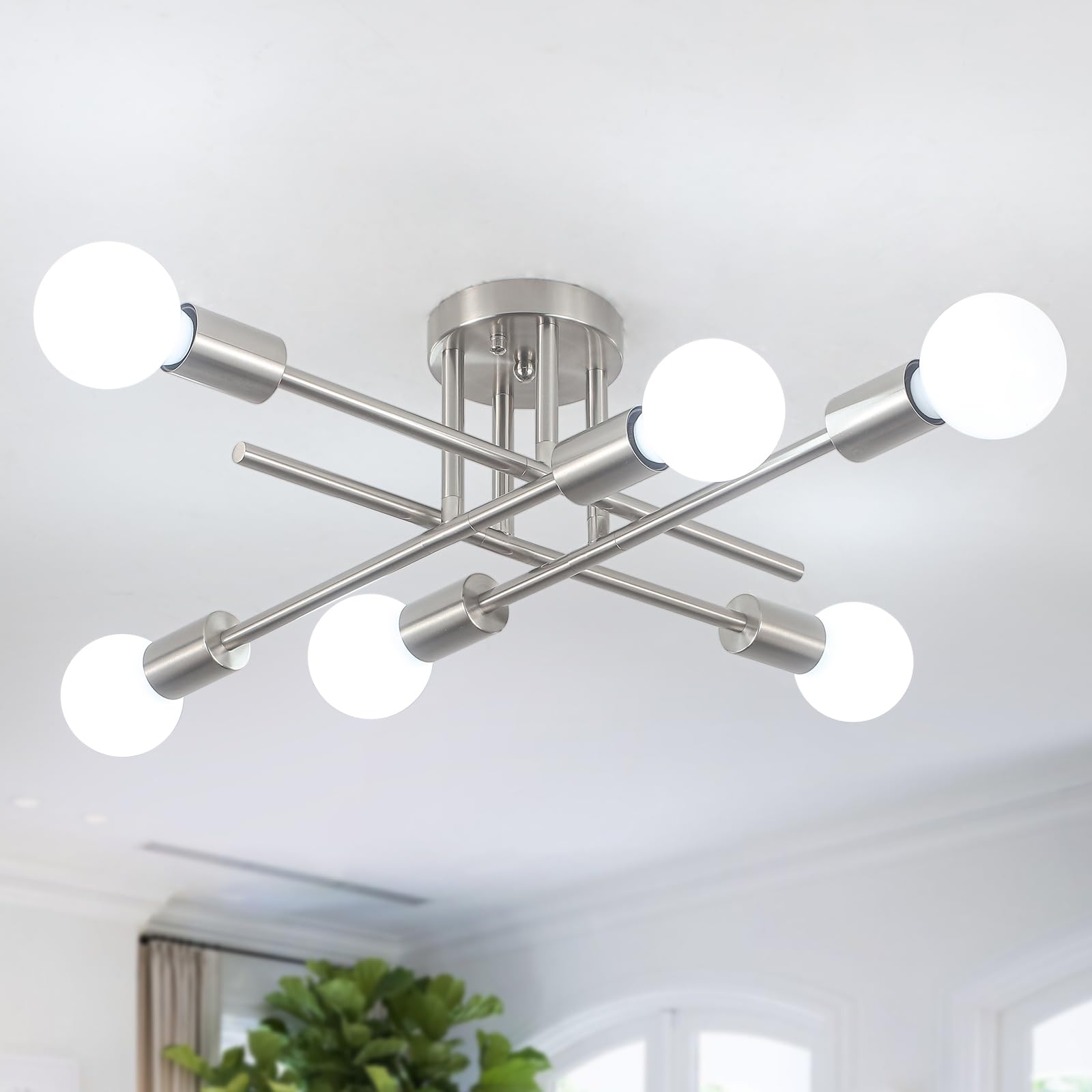 Lustre Sputnik Industriel 6 Lumières Plafonnier Vintage 52cm 60W Dimmable | Chromé Lampe de Plafond en Métal,Lustre Argenté Vintage pour Chambre Salon Cuisine Couloir Salle à Manger,Ampoule E27