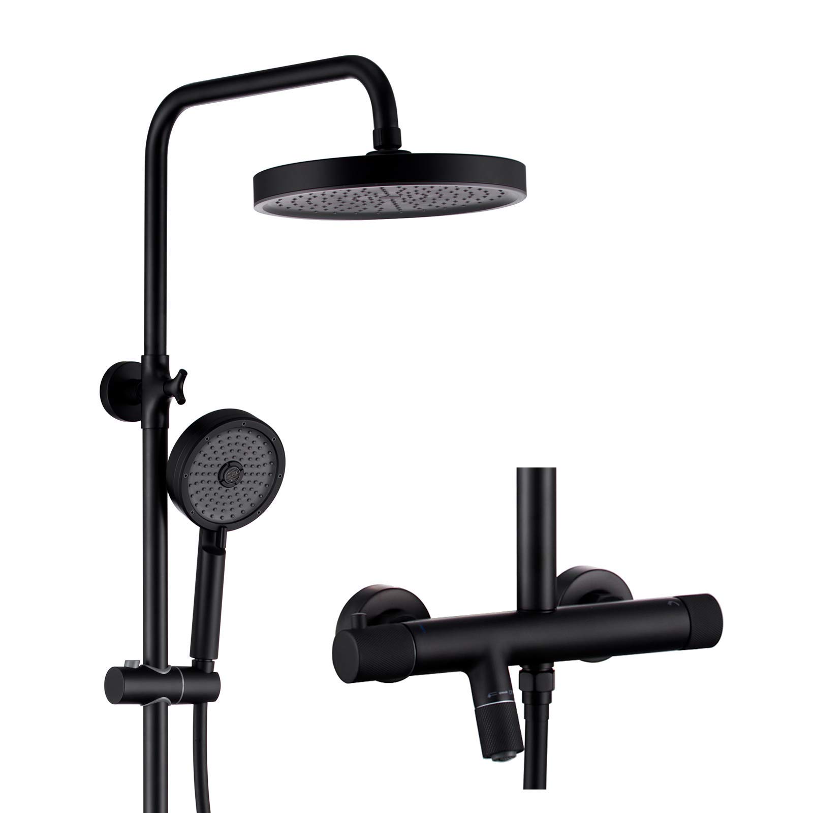 CWCQGH Thermostatic Shower Combo Set Exposed Bathroom Shower Faucet Set with 10 Inches Rainfall Shower Head, Multifunctional Handheld Shower, Tub Spout,Chrome,Black