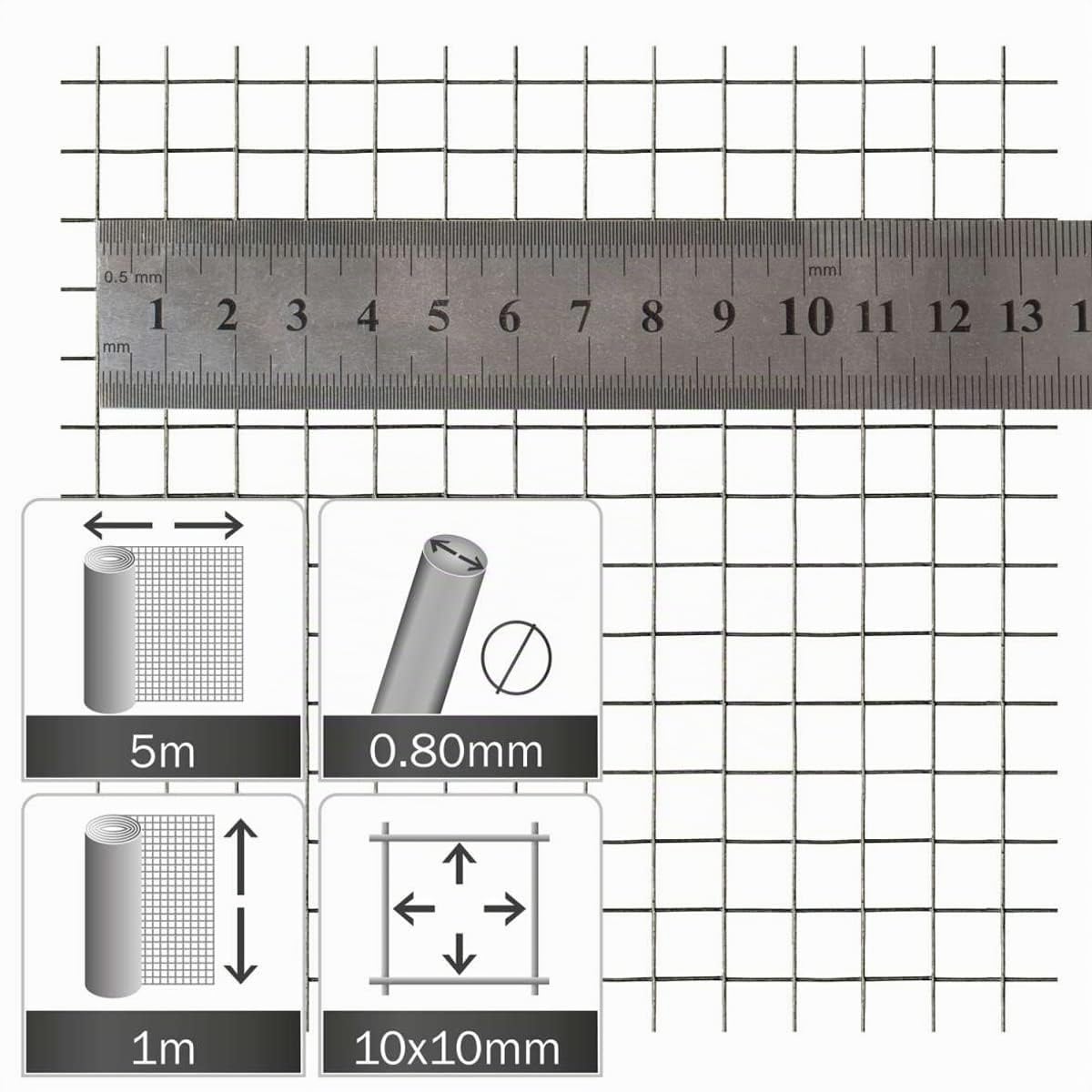 Malla Electrosoldada - Malla Galvanizada para Cerramientos, Pajareras y Voladeros - Luz 10x10x0,80 mm - Rollo 5x1 m - Malla cincada fácil de manipular