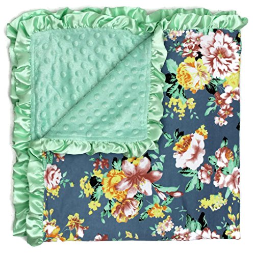 Image of Dear Baby Gear Baby Blankets, Vintage Floral Coral Roses on Grey, Mint Minky