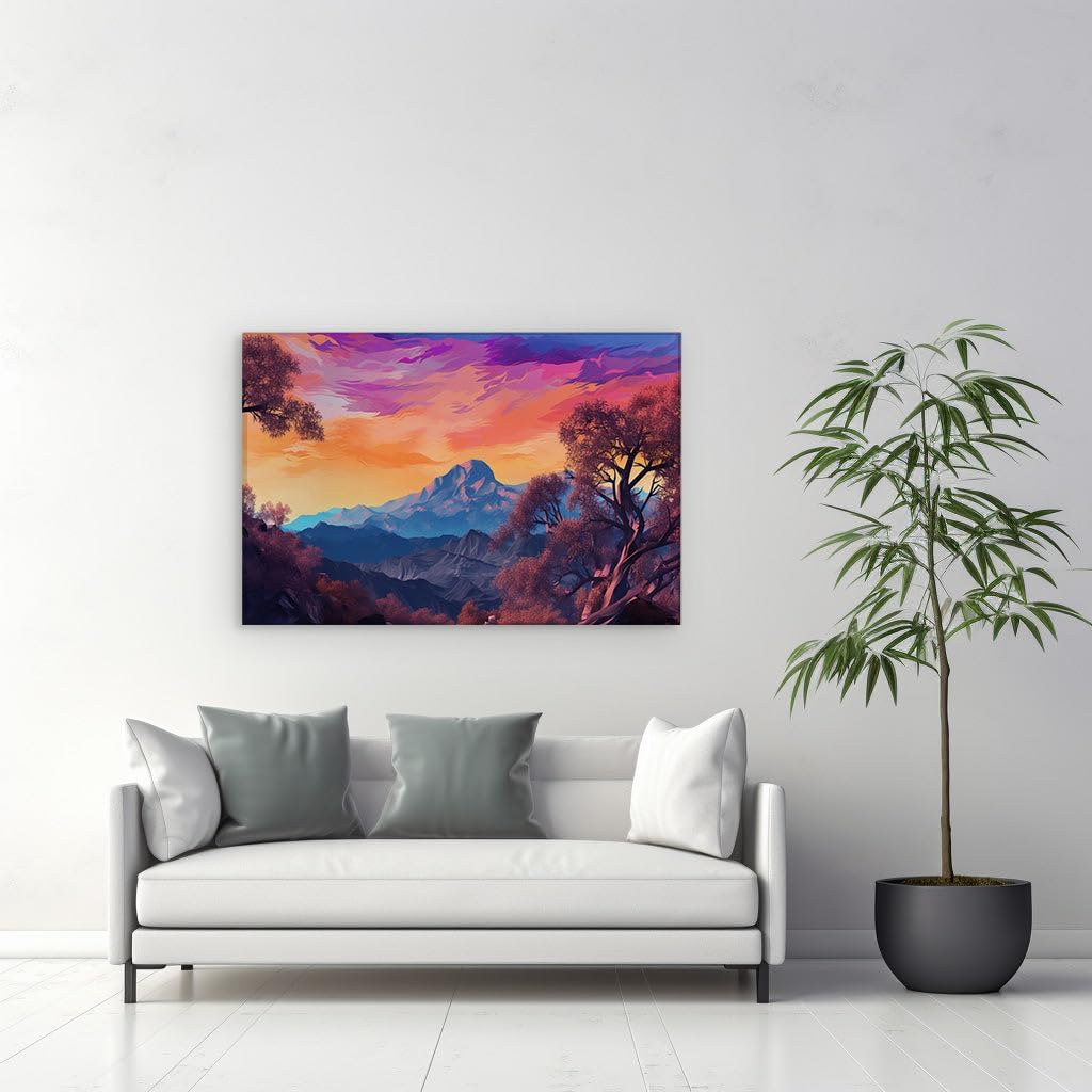 Canvas for Living Room. Sunset Serenade Over Majestic Mountains - A Digital Tapestry of Nature's Finest Moments, 27 x 18 inch Canvas Wall Art - Surrealistic Visions - Modern Home Decor