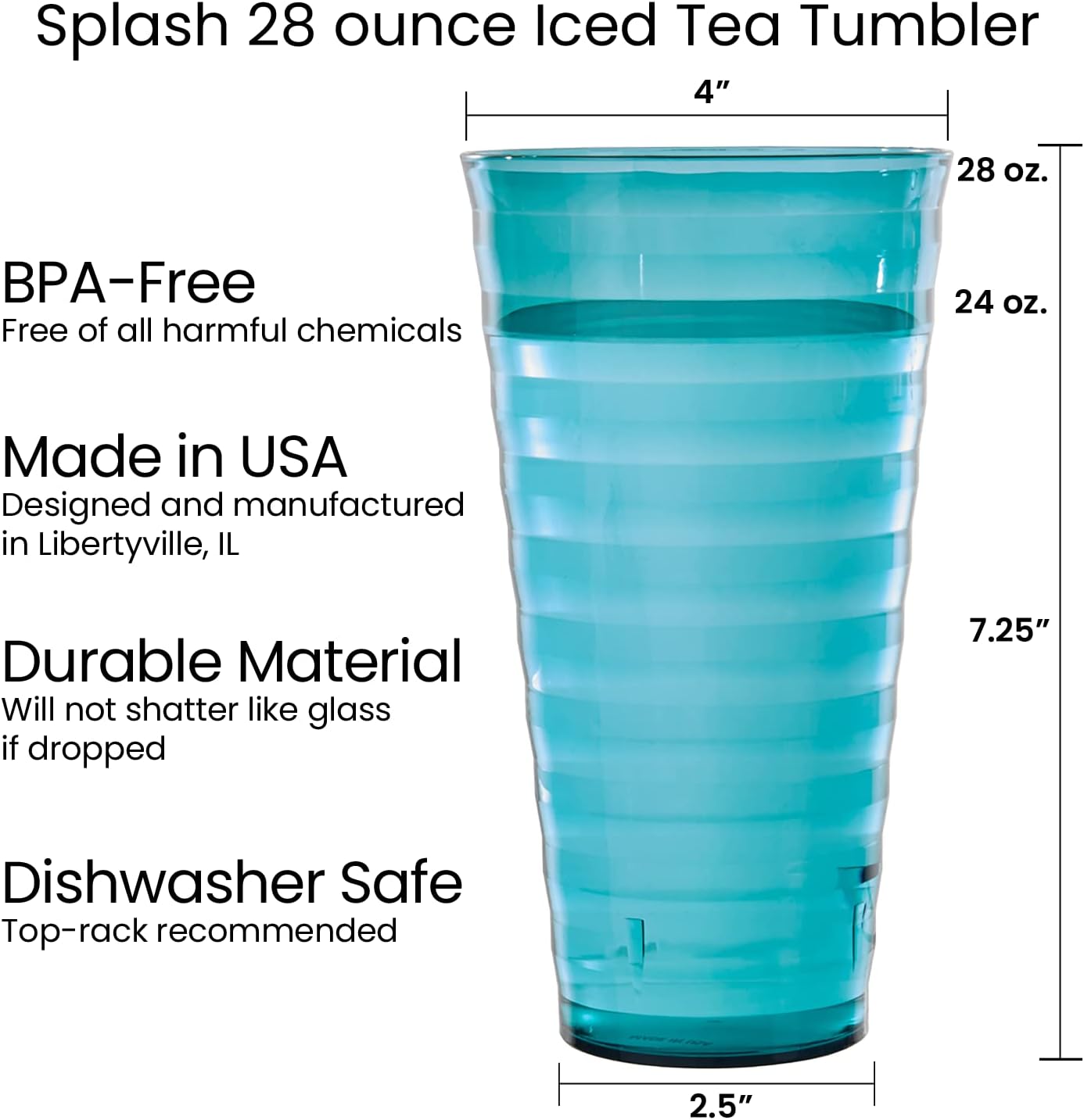 US Acrylic Splash 28 ounce Plastic Stackable Iced Tea Tumblers in 4 Coastal Colors | Value Set of 12 Drinking Cups | Reusable, BPA-free, Made in the USA, Top-rack Dishwasher Safe