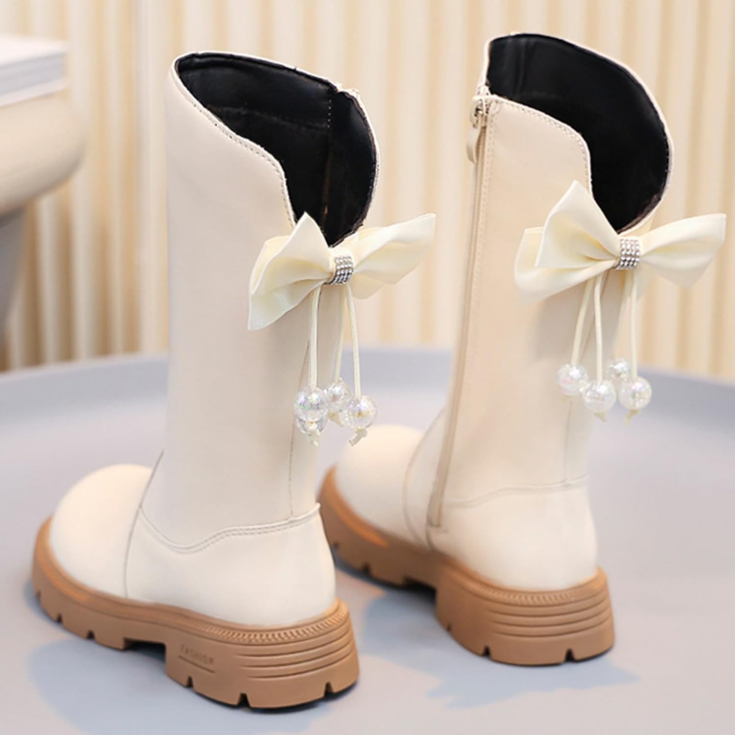 Mid Calf Boots for Girls Warm Fuzzy Lining Combat Boots with Side Zip Cute Bow High Tall Shoes for Little Kids Big Kids
