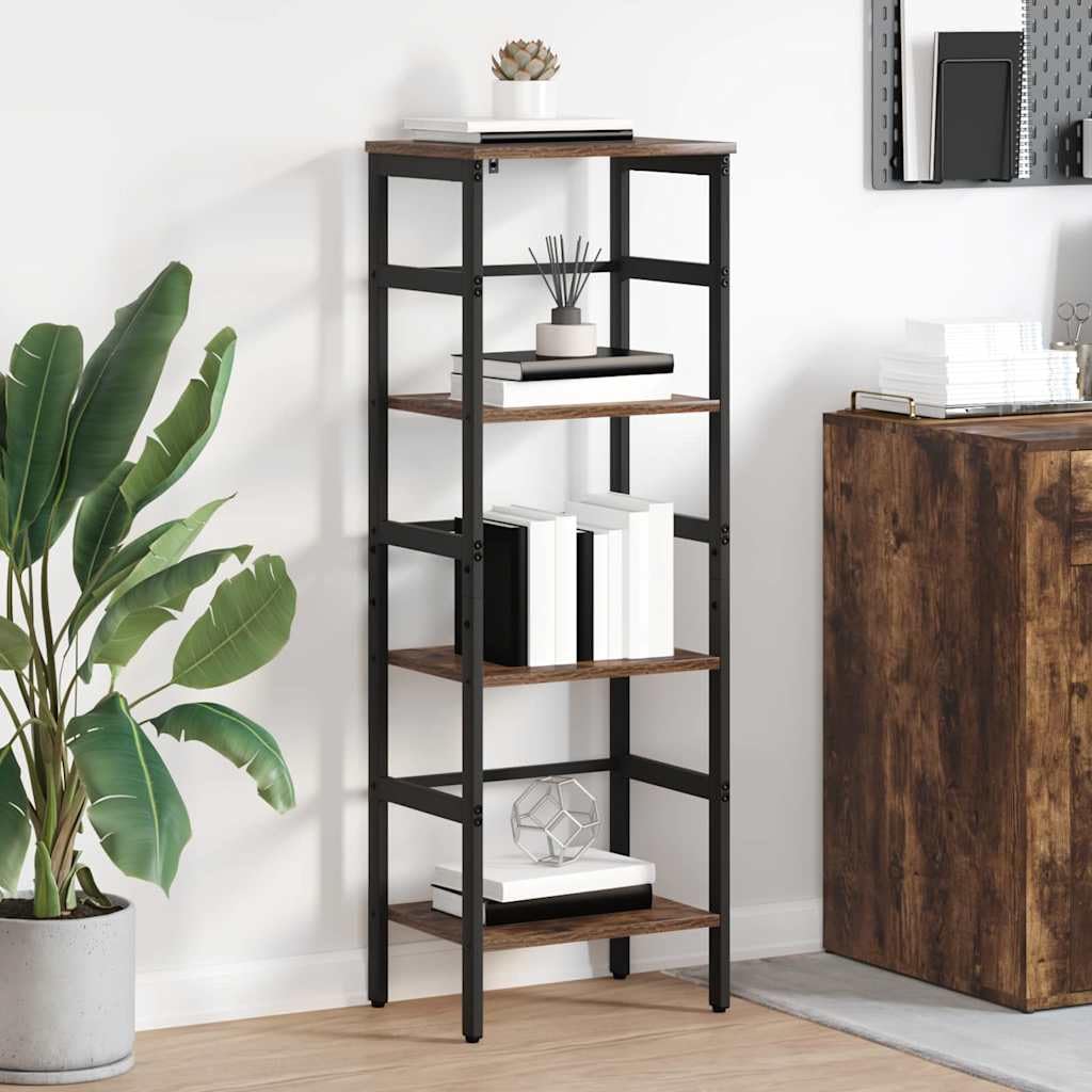 Librería robusta de roble ahumado con acabados de madera y diseño industrial
