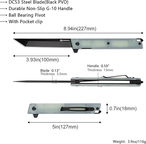 Miniatura 2 de FORESAIL Cuchillo plegable de bolsillo, mango G10 verde natural, hoja PVD DC53 negra, con clip, cuchillo de transporte diario para hombres y