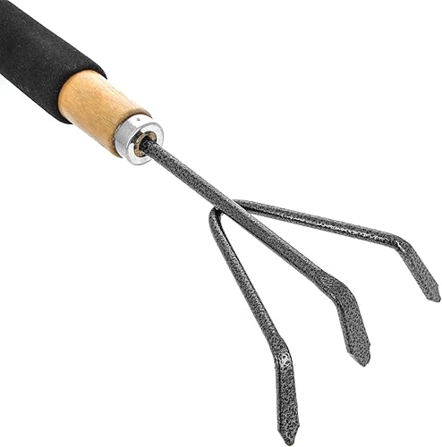 Miniatura 3 de Cultivador de rastrillo de jardín de 3 puntas de madera de mano de acero triple