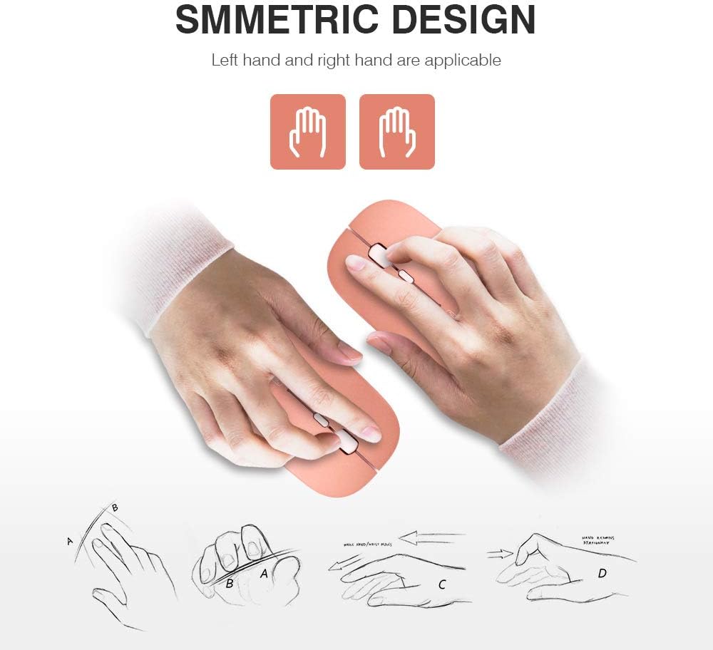Two hands demonstrating the symmetric design of the INPHIC Rechargeable Wireless Mouse, suitable for both left and right-handed users.