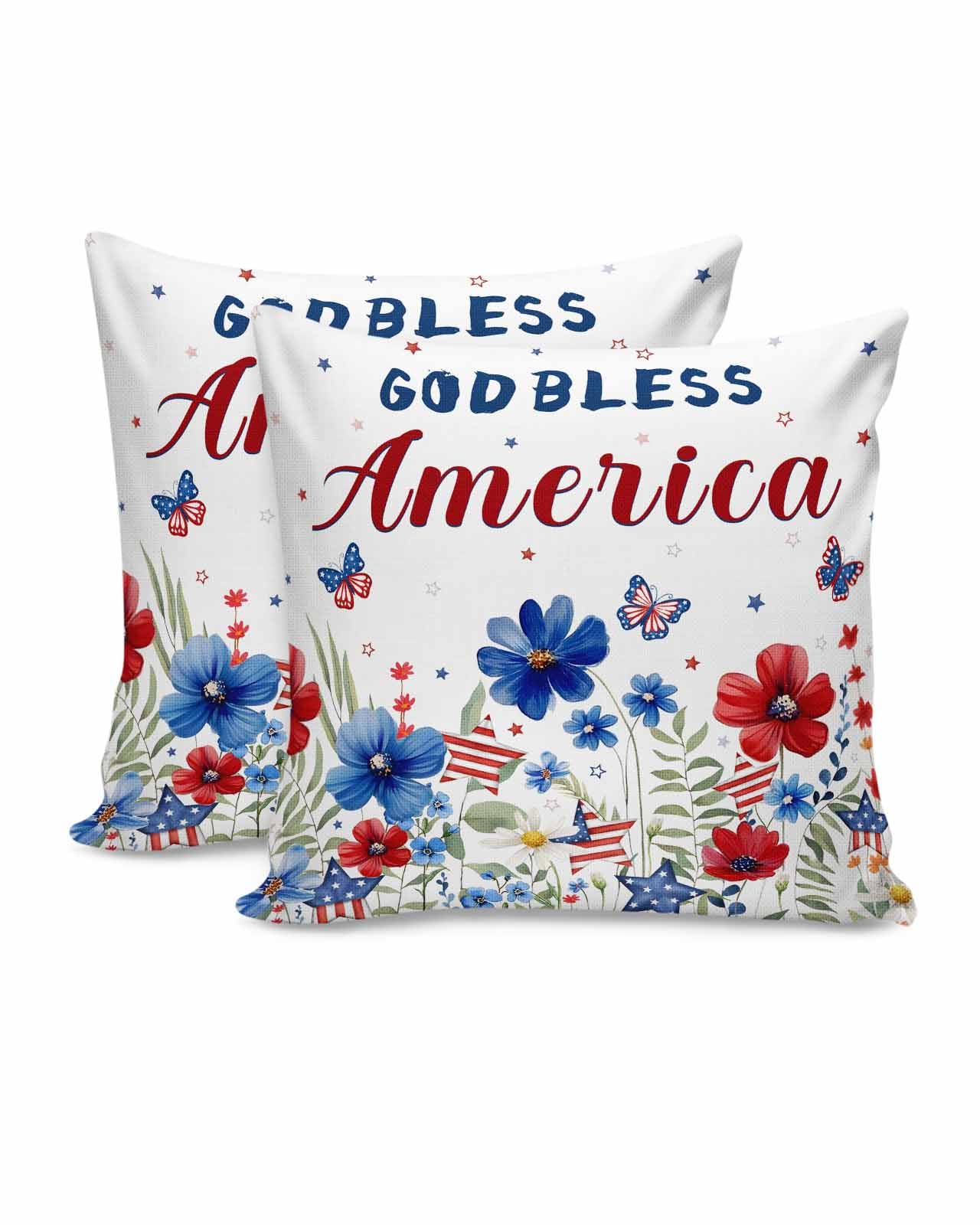4th of July Throw Pillow Covers 18x18 Inch Set of 2 God Bless America Decorative Pillows Cushion Case Red Blue Floral USA Flag Soft Pillowcases