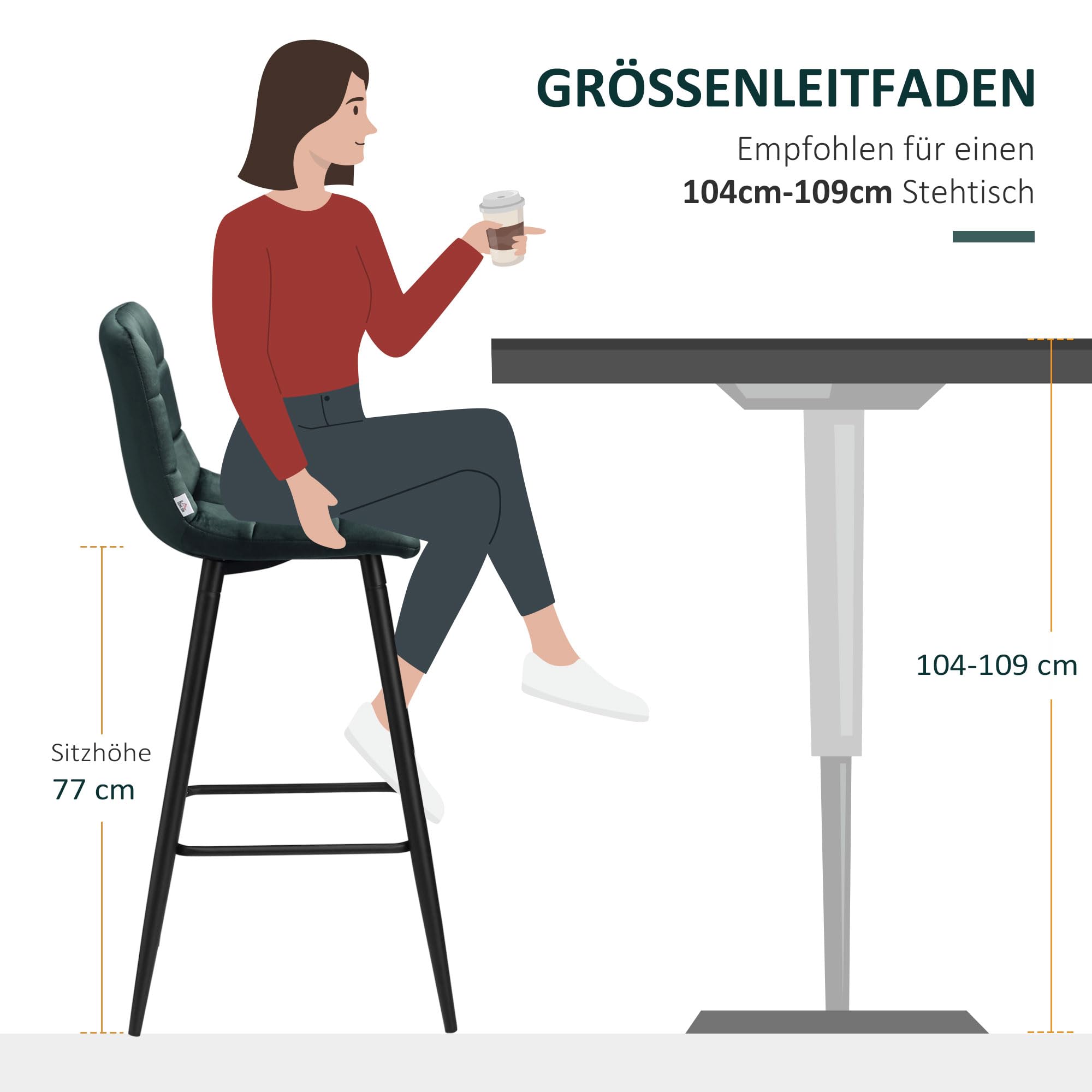 HOMCOM Barhocker 2er Set, Gepolstert Barstuhl mit Stahlgestell, Lehne, Samtoptik, Küchenstühle mit Fußstütze Tresenhocker für Küche, Wohnzimmer, Esszimmer Grün