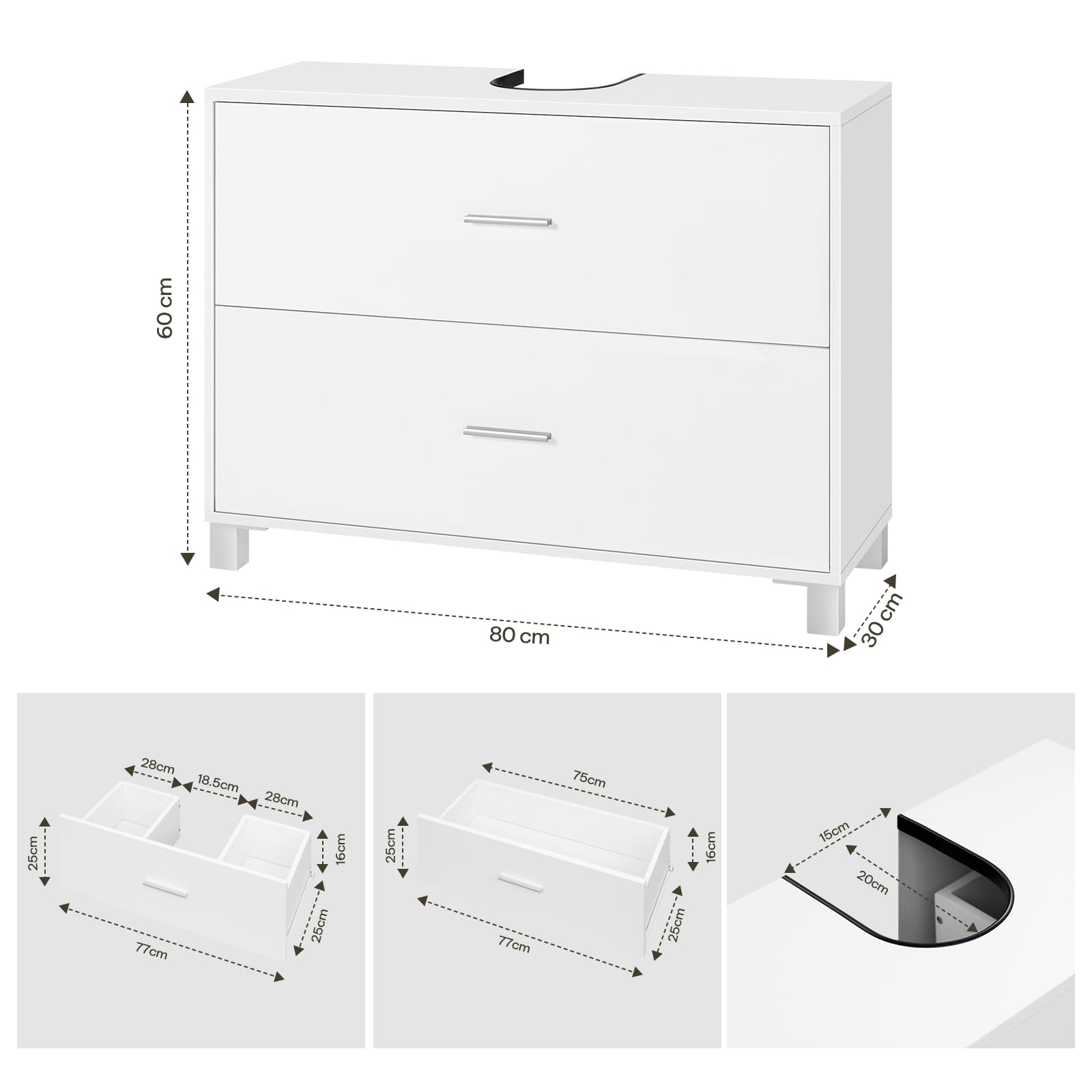 eSituro Waschbeckenunterschrank, Badezimmerschrank mit 2 Schubladen, Badezimmer Unterschrank Waschbecken, Waschtischunterschrank freistehend, Badunterschrank, 30 x 80 x 60 cm, Weiß