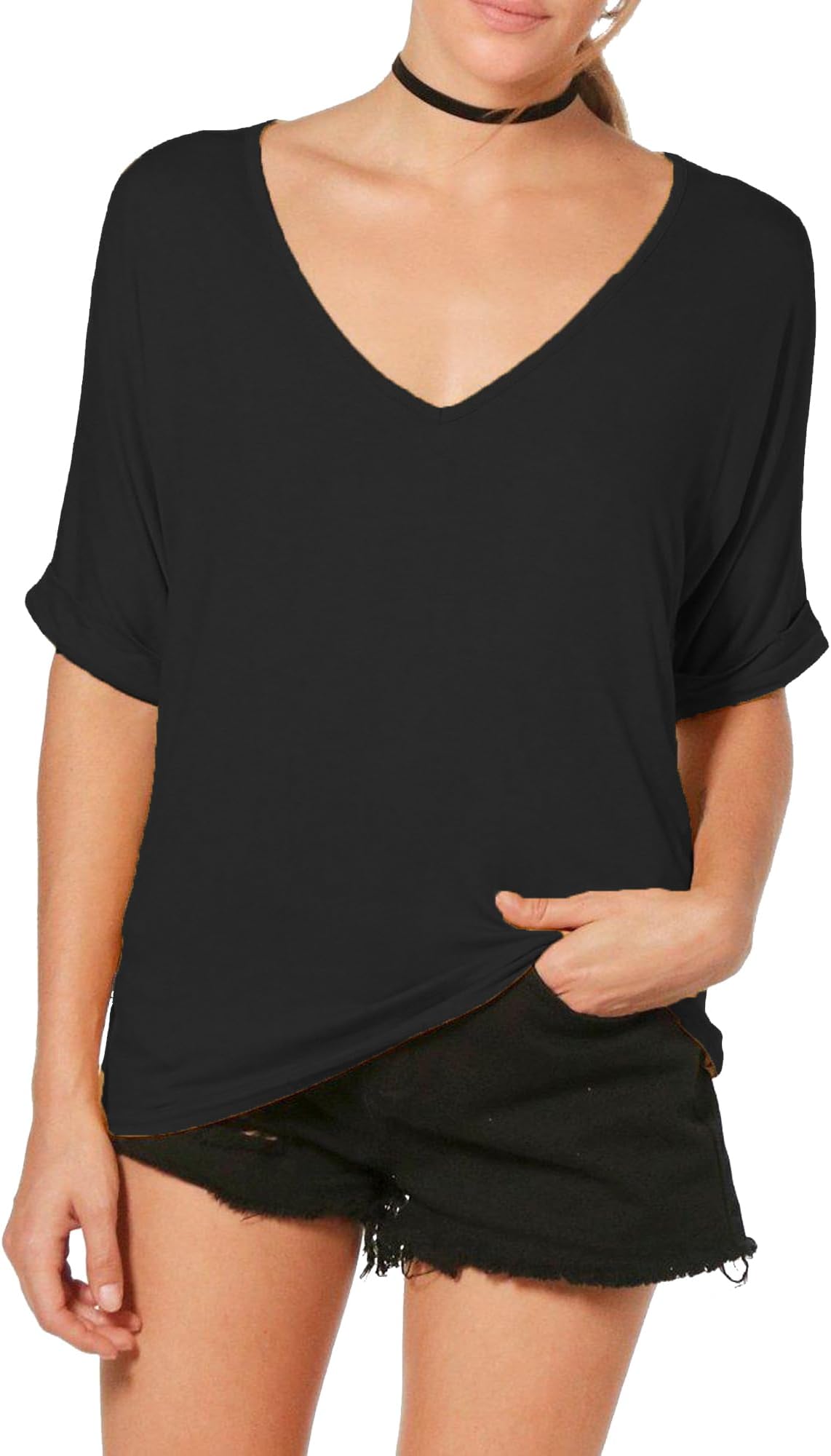Re Tech UKRe Tech UK Womens Oversize Fit V Neck Top Ladies Baggy Plus Size Batwing Turn Up Sleeve Casual T-Shirt Sizes 8-26