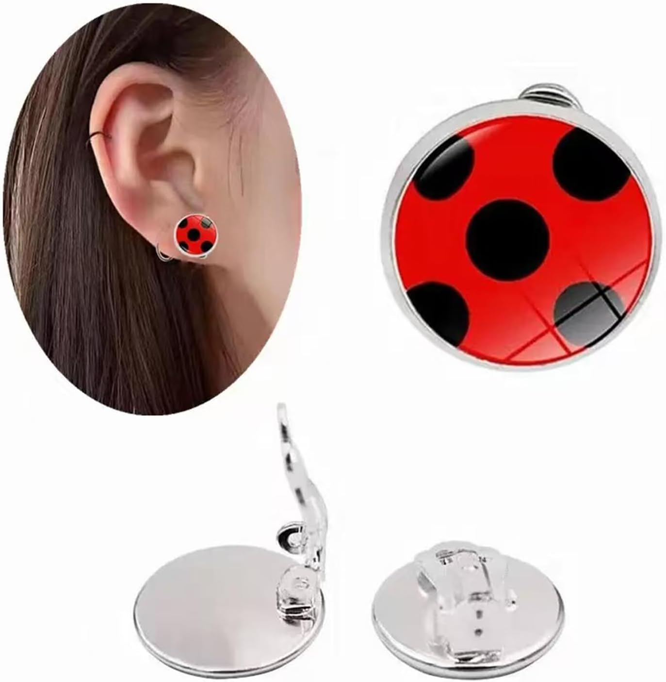 Ladybug Earrings Clip on Earrings No Pierced Ladybird Design Jewellery with Silver Ear Cuff Black Spot Red Charm for Girl woman Cosplay Ear Hoop - Image 4