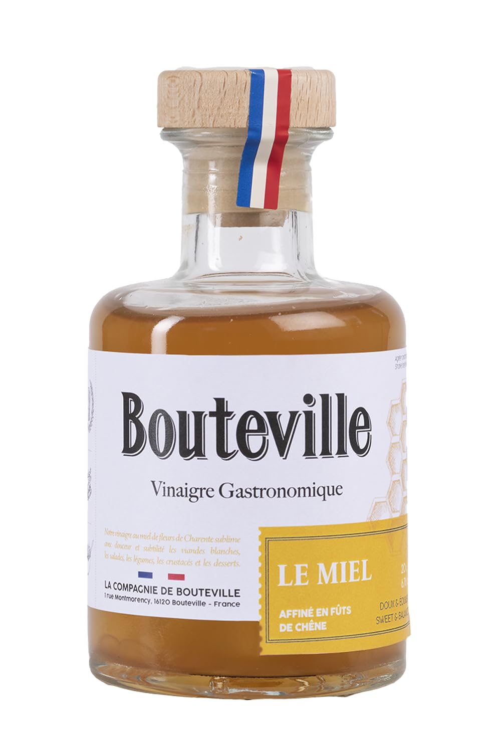 Bouteville Vinaigre Le Miel 200ml - Vinaigre de Vin et Miel de Fleurs Charentais, Assemblage et Affinage Artisanaux, Saveur Douce et Équilibrée
