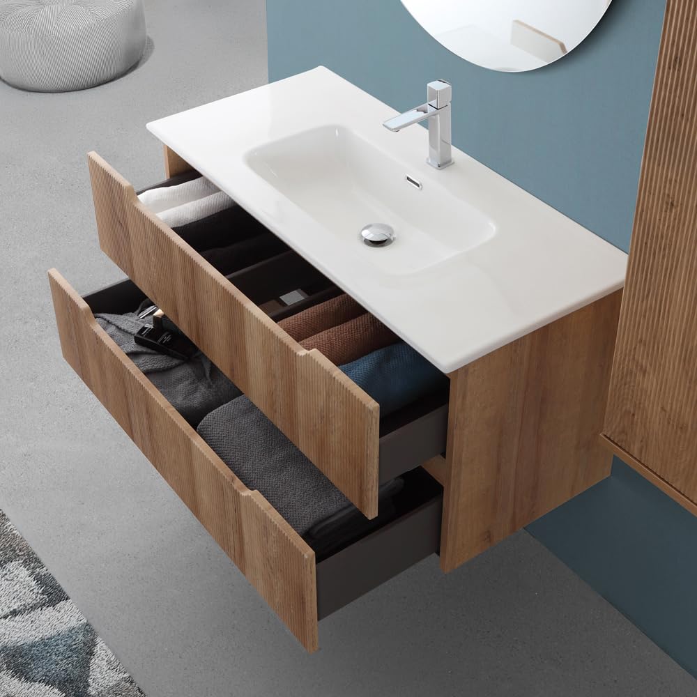 Mobile Bagno Sospeso Cannettato Da 100 Cm In Legno Nobilitato Rovere Linea Wise Con 2 Cassettoni Soft-Close A Gola, Completo Di Specchio Tondo E Lavabo In Ceramica