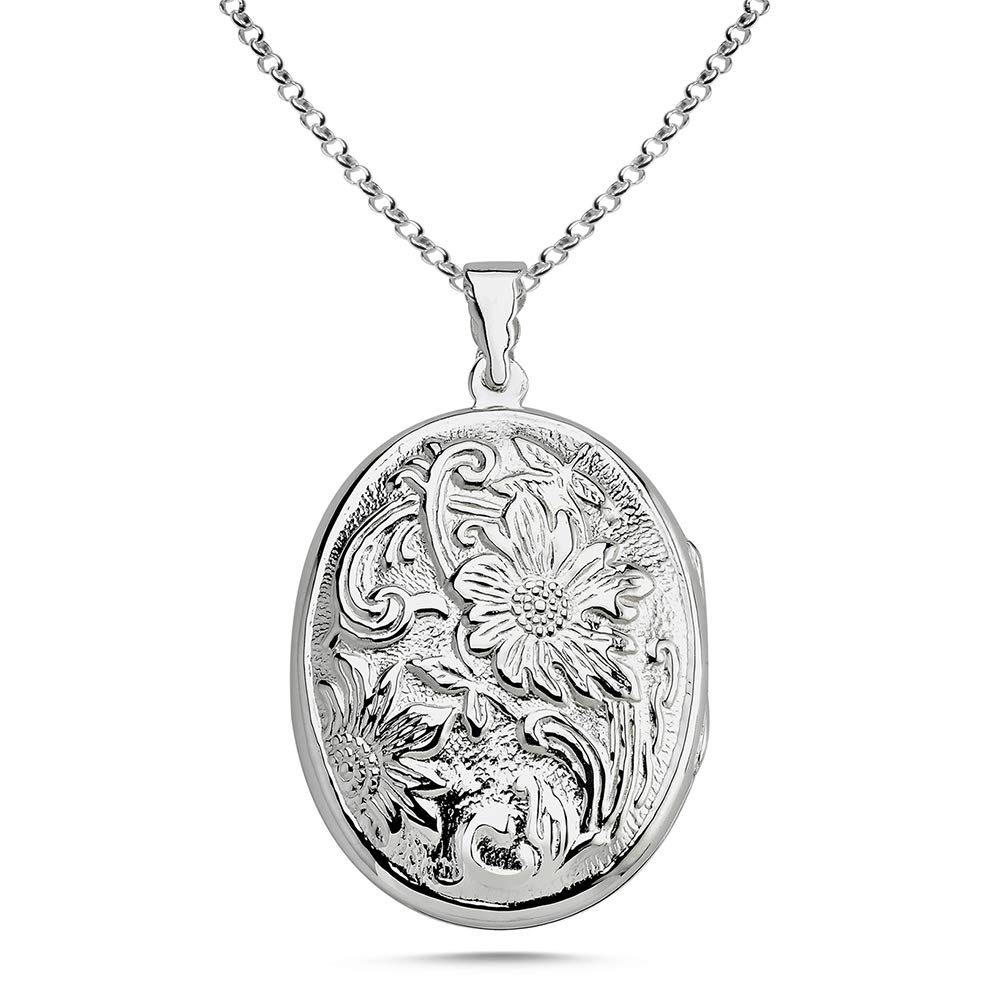 Vinani 2AMC-T - Medaglione ovale lucido con catenina in argento Sterling 925, ciondolo a forma di fiore
