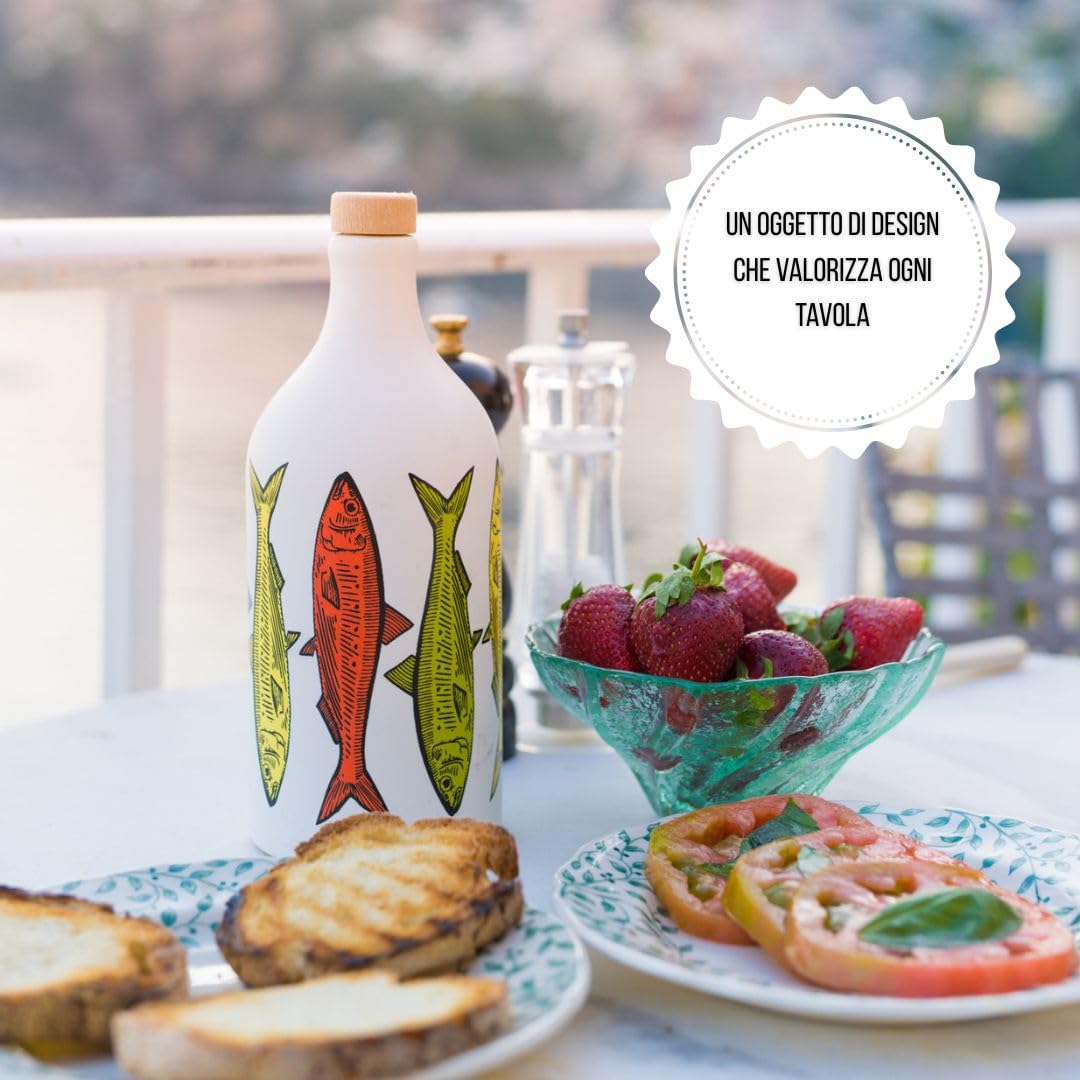 Frantoio Muraglia, Poterie en céramique Pop Art Sardines à l'huile d'olive extra vierge 500ml, Essence moyennement fruitée, fait et décoré par nos artisans des Pouilles