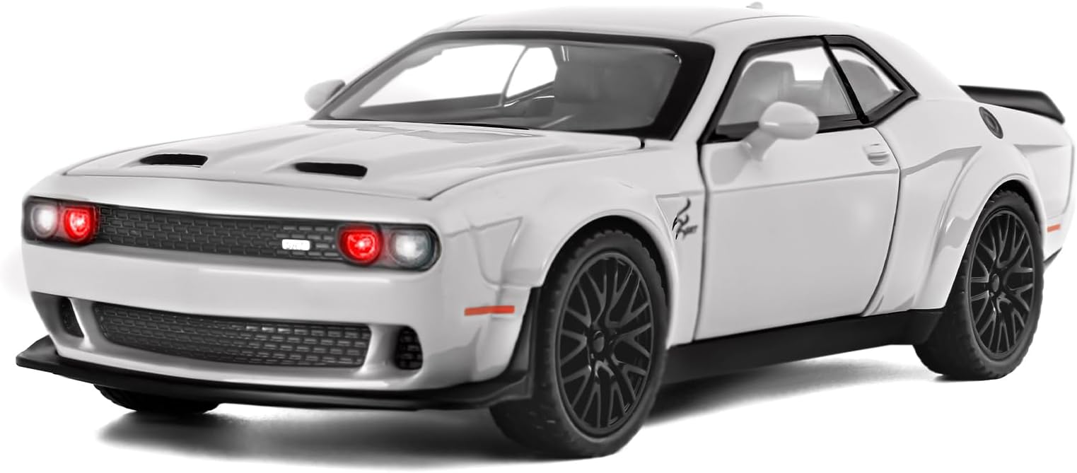 Dodge Hellcat Toy Model Car for Kids 1:32 Scale Diecast Metal Pull-Back Car with Sound and Light, Gray, 6.22 x 2.7 x 1.9 inches, Boys 3+