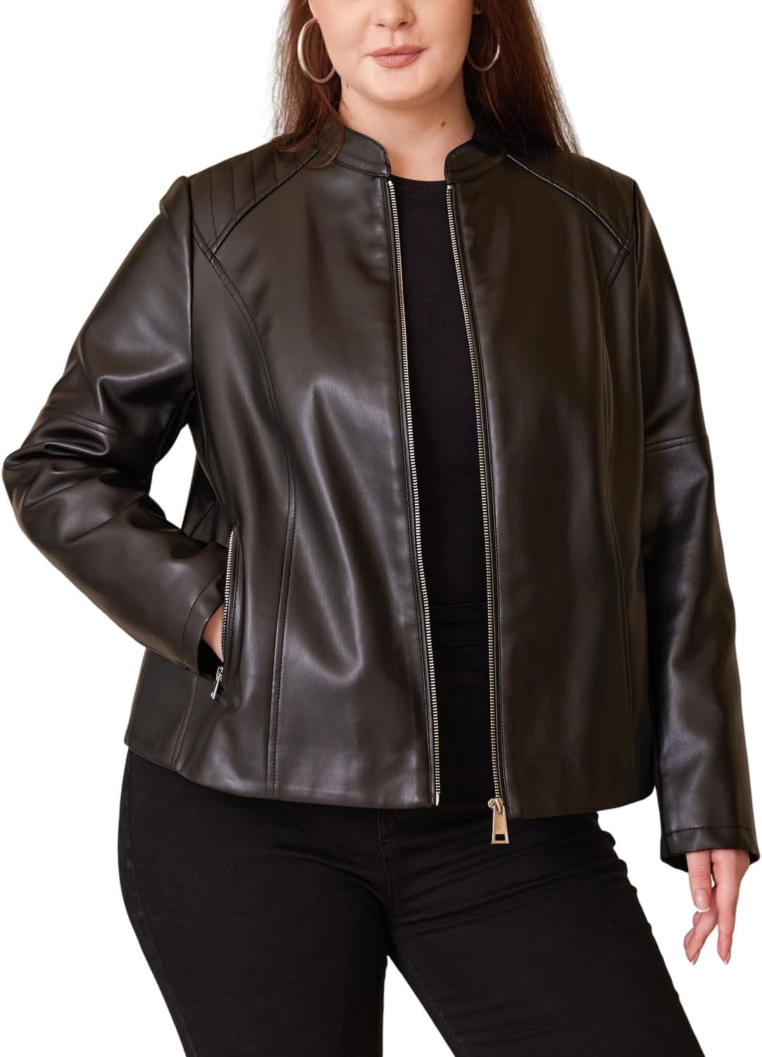 Women Plus Size Faux Leather Jacket PU Motorcycle Biker Coat with Quilted