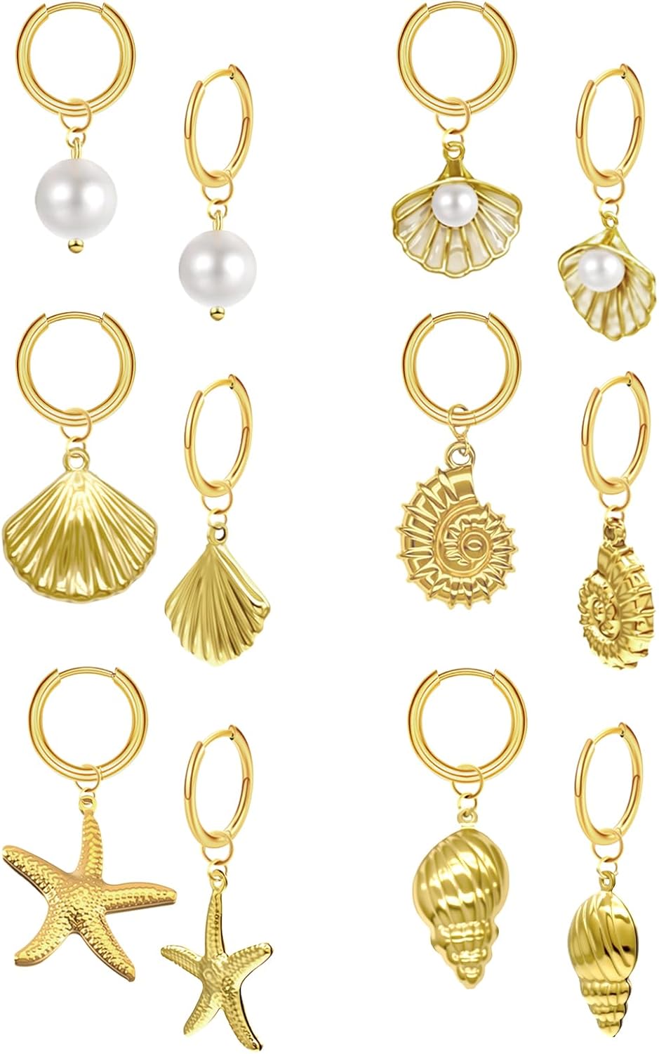 Gold Beach Ocean Earrings for Women Gold Plated Seashell Starfish Huggie Hoop Dangle Earrings Cute Shell Pearl Clam star fish Earring Beachy Jewelry