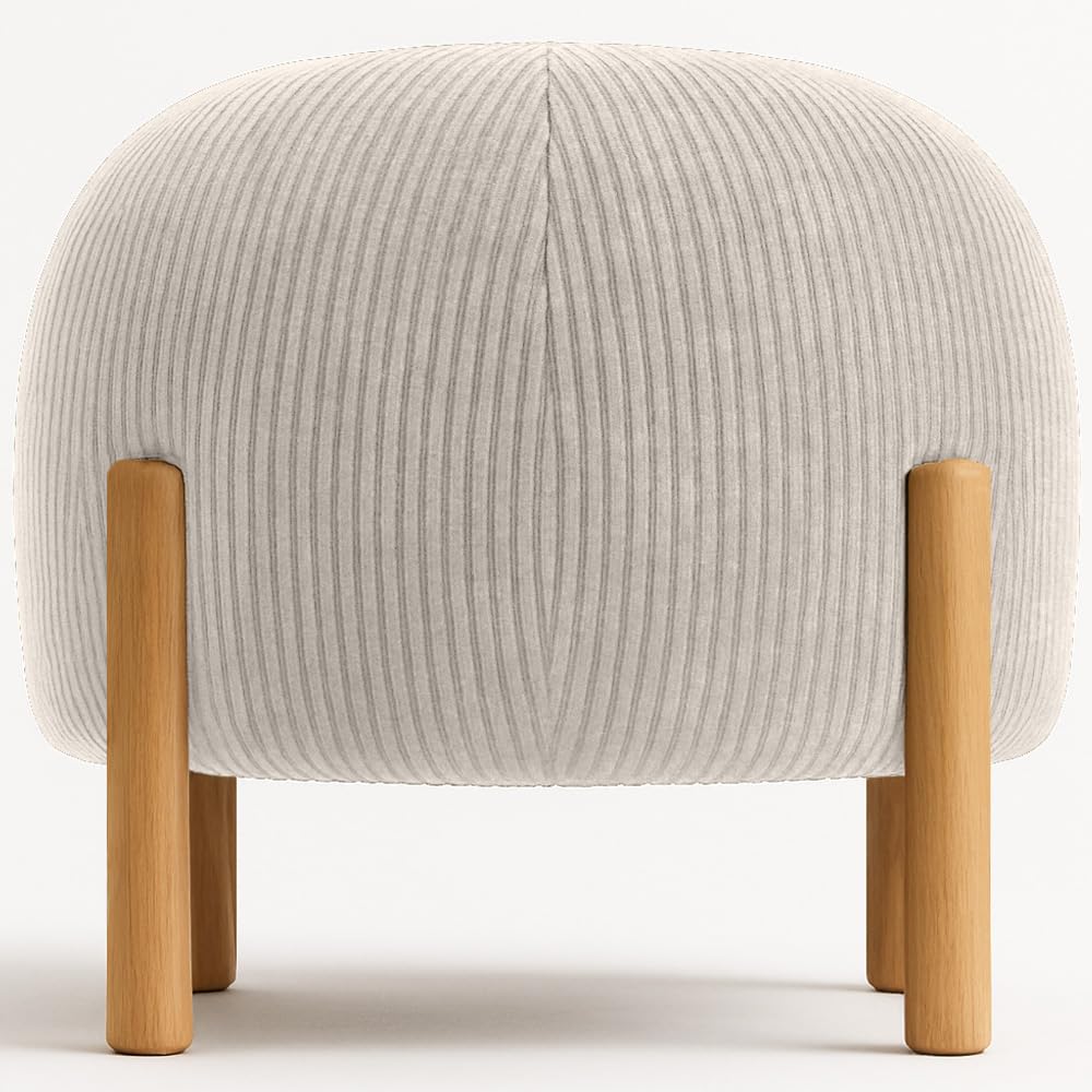 Pouf rotondo imbottito in velluto a coste con gambe in legno naturale - Marrakesh Avorio