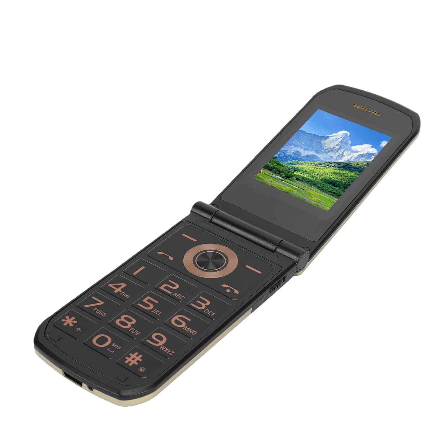 ASHATA 2G Flip Phone, Large Buttons Cell Phone for Seniors, 2.4 Inch Internal 1.44 Inch External Screen 4800mAh Voice Broadcast SOS, with 0.13MP, for Elderly and Kids (Gold)