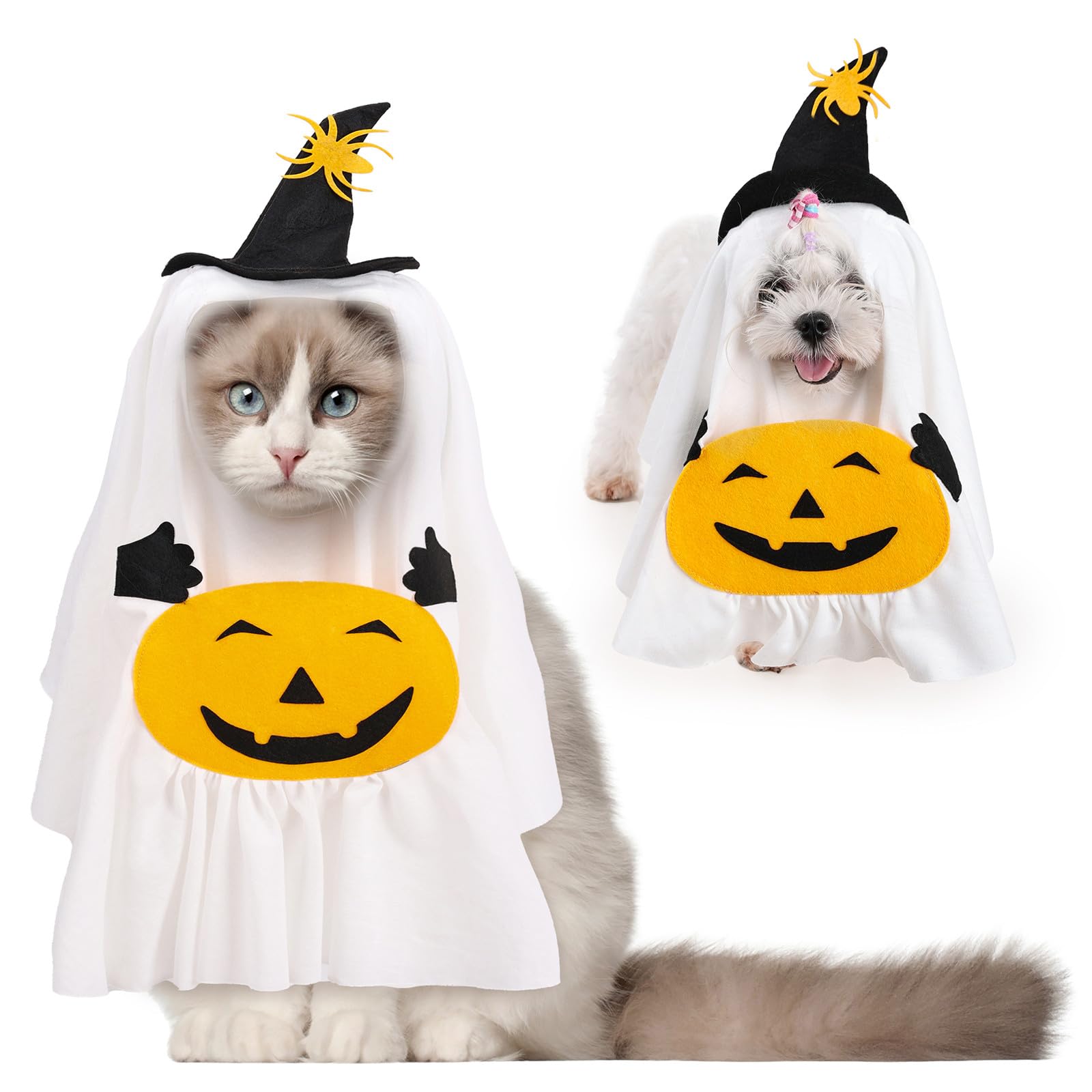 MeiAOBest Pet Halloween Costume,2 in 1 Cat Dog Ghost Dress Up Hooded Cape,Witch Hat Pumpkin White Cloak Cosplay Party Clothes_M - Image 4